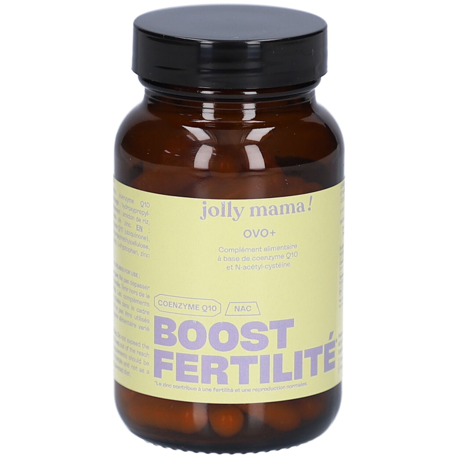 Braune Glasflasche mit schwarzem Deckel. Auf dem Etikett steht "jolly mama! OVO+" und "BOOST FERTILITÉ".
