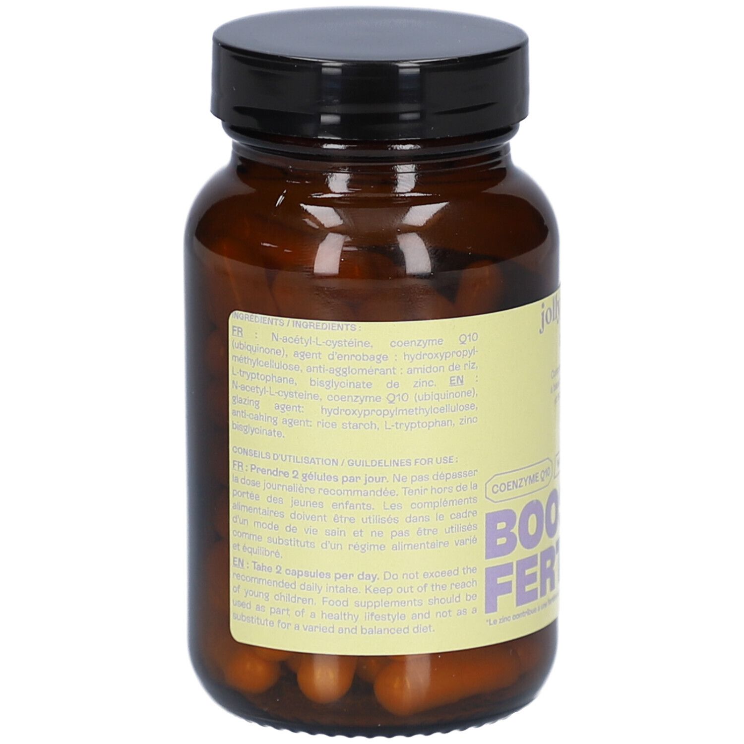 Braune Glasflasche mit schwarzem Deckel. Auf dem Etikett steht "jolly mama! OVO+" und "BOOST FERTILITÉ".