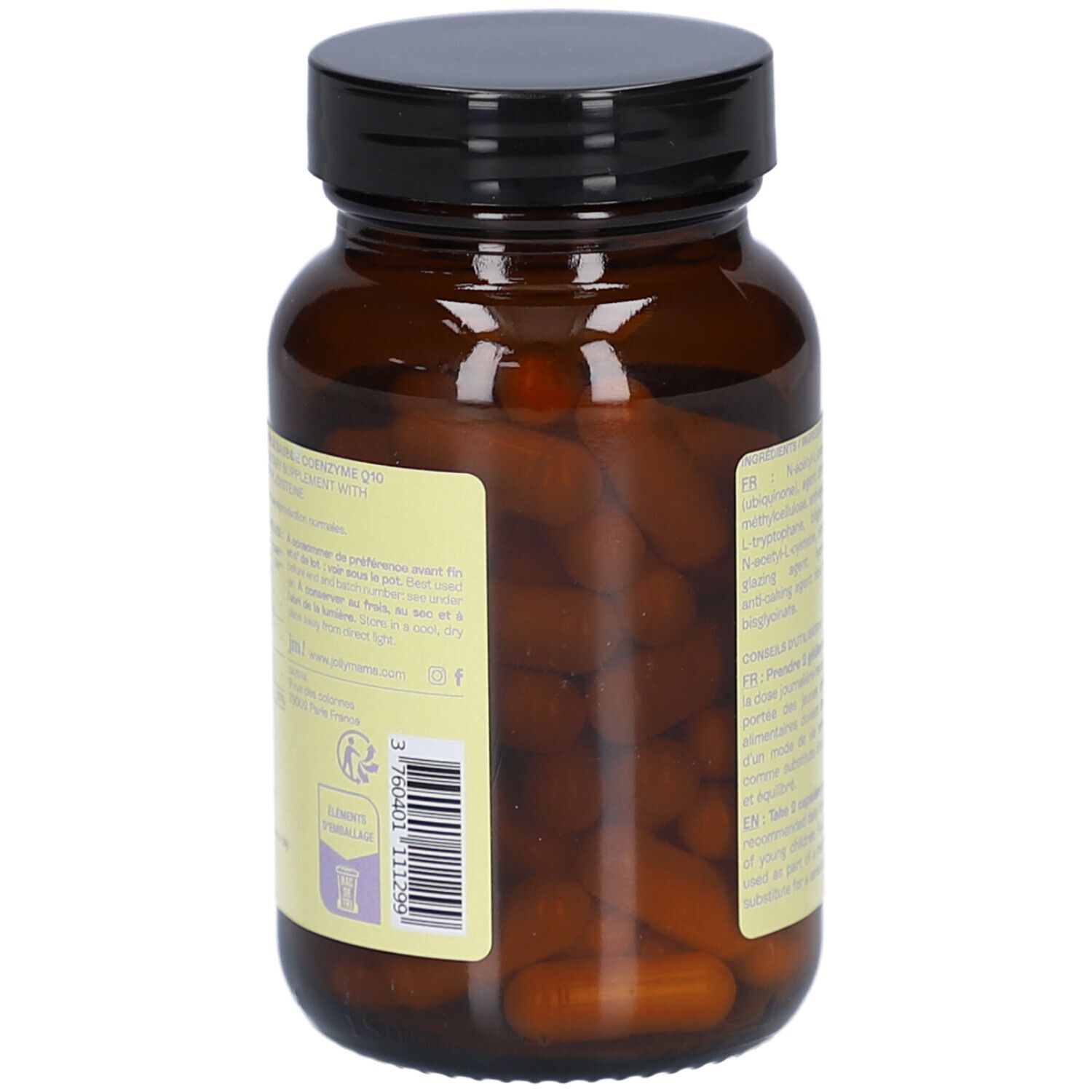 Braune Glasflasche mit schwarzem Deckel. Auf dem Etikett steht "jolly mama! OVO+" und "BOOST FERTILITÉ".