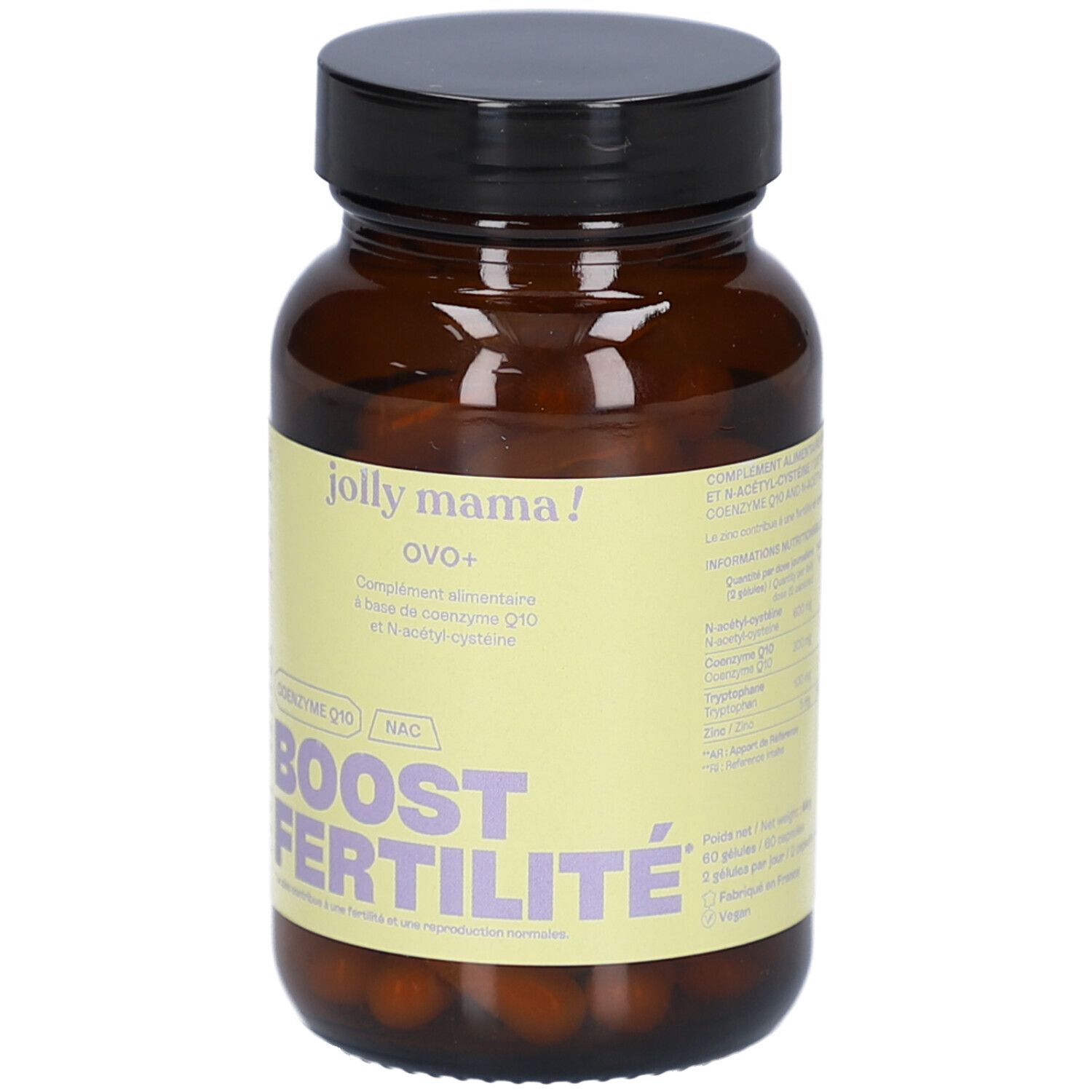 Braune Glasflasche mit schwarzem Deckel. Auf dem Etikett steht "jolly mama! OVO+" und "BOOST FERTILITÉ".