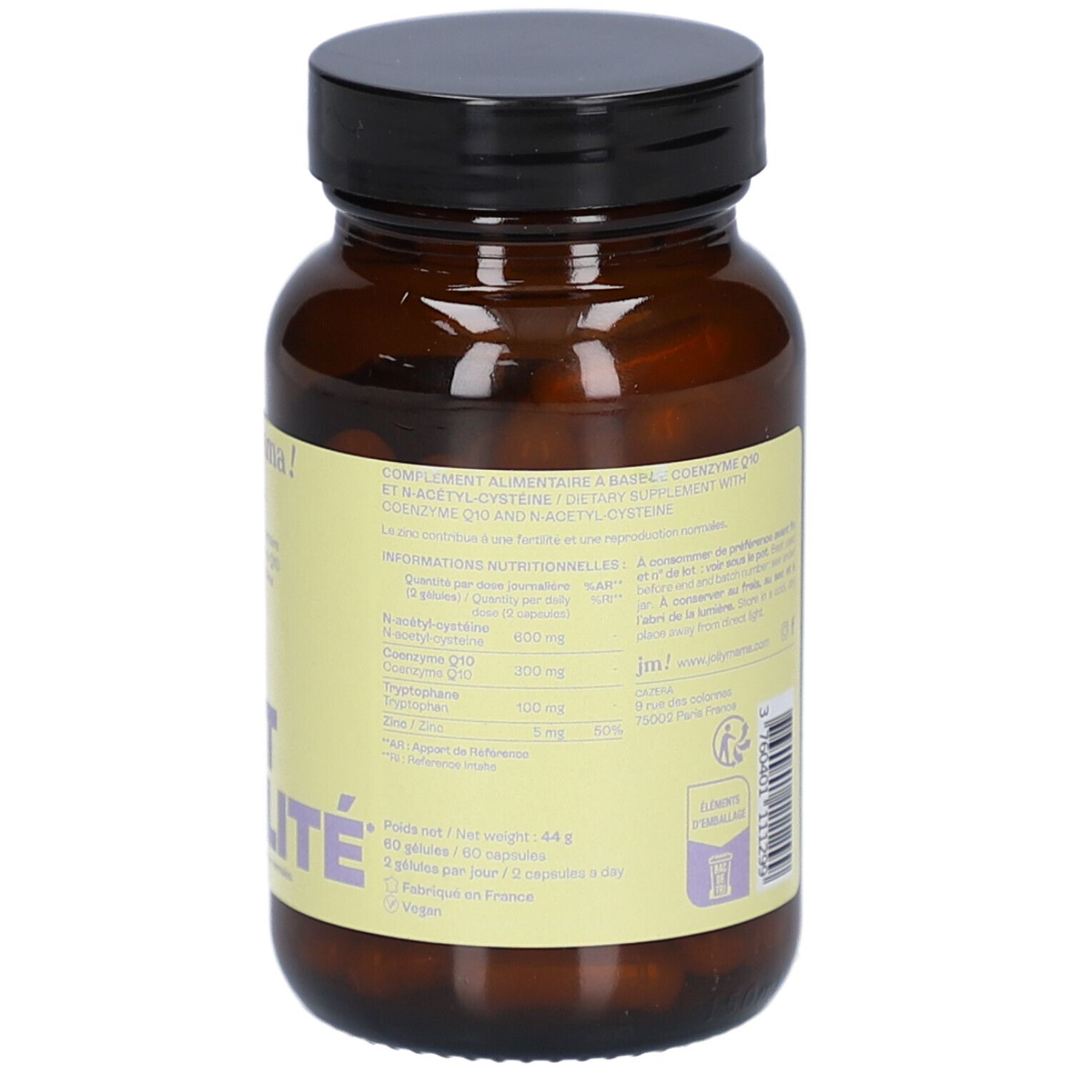 Braune Glasflasche mit schwarzem Deckel. Auf dem Etikett steht "jolly mama! OVO+" und "BOOST FERTILITÉ".