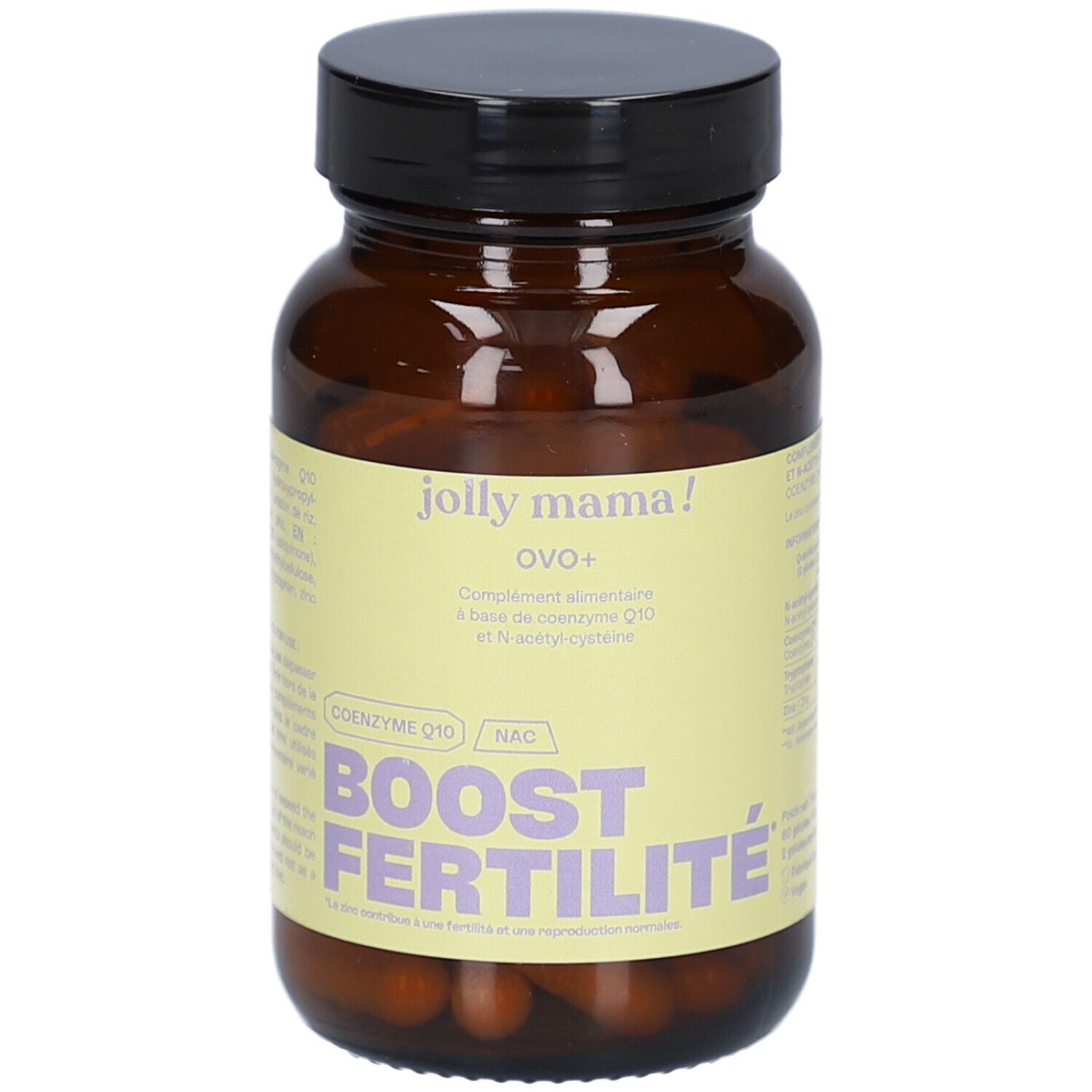 Braune Glasflasche mit schwarzem Deckel. Auf dem Etikett steht "jolly mama! OVO+" und "BOOST FERTILITÉ".