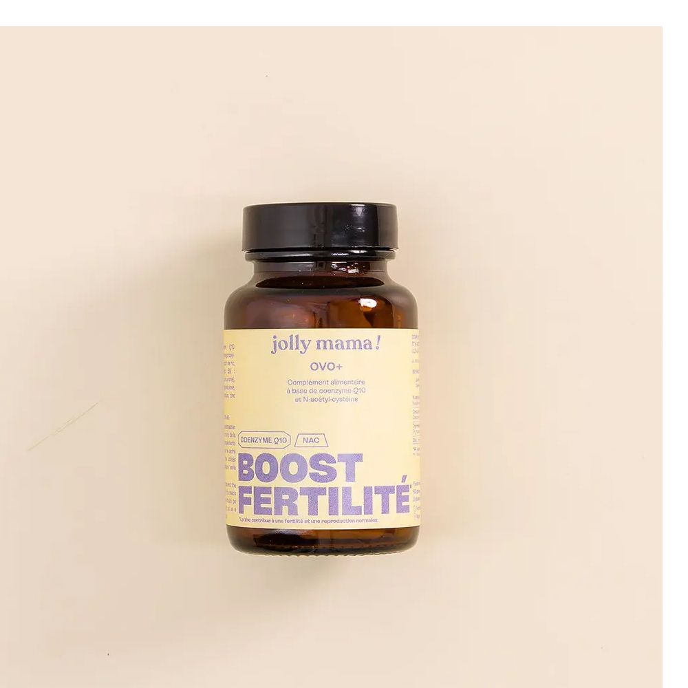 Braune Glasflasche mit schwarzem Deckel. Auf dem Etikett steht "jolly mama! OVO+" und "BOOST FERTILITÉ".