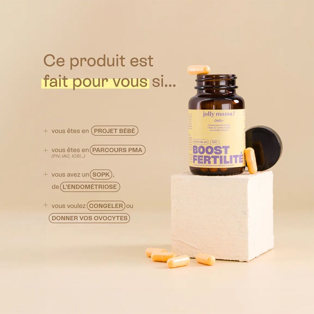 Braune Flasche mit Kapseln. Text: "BOOST FERTILITÉ". Texte: "Ce produit est fait pour vous si..." und Listenpunkte.