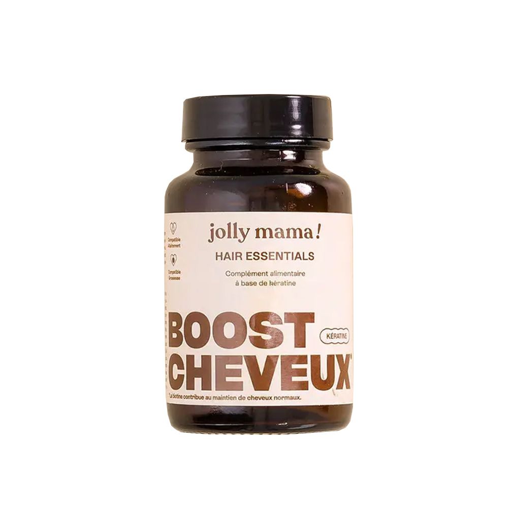 Braune Flasche mit schwarzen Deckel. Aufschrift: Jolly Mama! Hair Essentials. BOOST CHEVEUX.