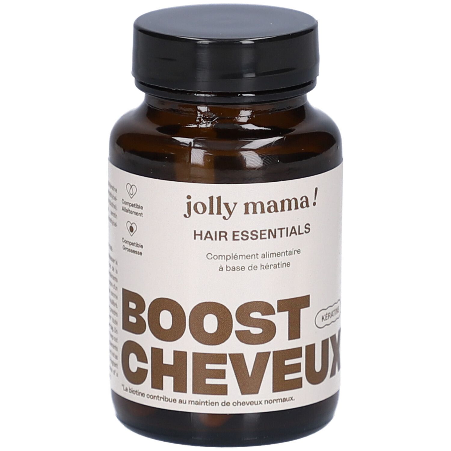 Braune Flasche mit schwarzen Deckel. Aufschrift: Jolly Mama! Hair Essentials. BOOST CHEVEUX.