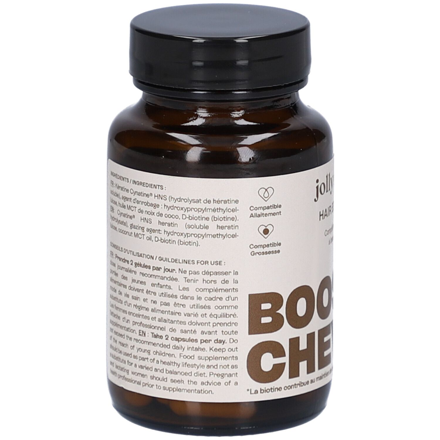 Braune Flasche mit Text. Aufschrift: Jolly Mama! Hair Essentials. BOOST CHEVEUX. Text: Inhaltsstoffe, Anwendung.