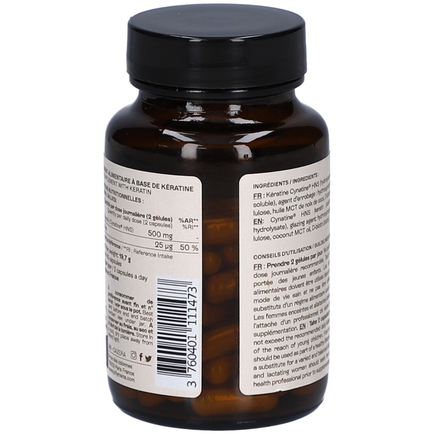 Braune Flasche mit Text. Aufschrift: Jolly Mama! Hair Essentials. BOOST CHEVEUX. Text: Nährwertangaben, Inhaltsstoffe.