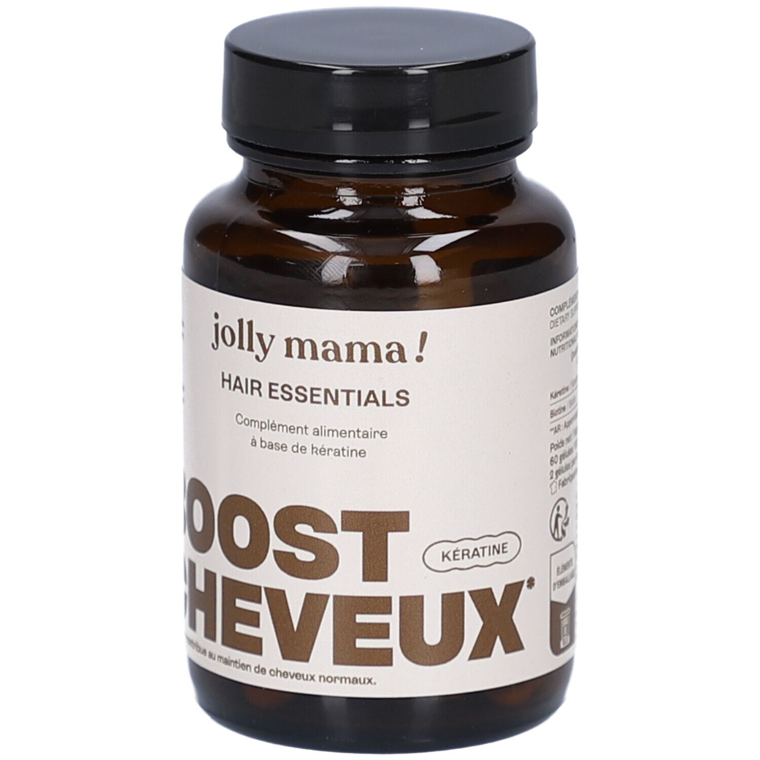 Braune Flasche mit schwarzen Deckel. Aufschrift: Jolly Mama! Hair Essentials. BOOST CHEVEUX.