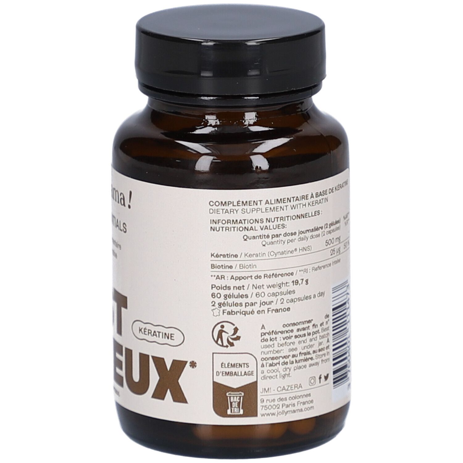 Braune Flasche mit Text. Aufschrift: Jolly Mama! Hair Essentials. BOOST CHEVEUX. Text: Nährwertangaben, Inhaltsstoffe.