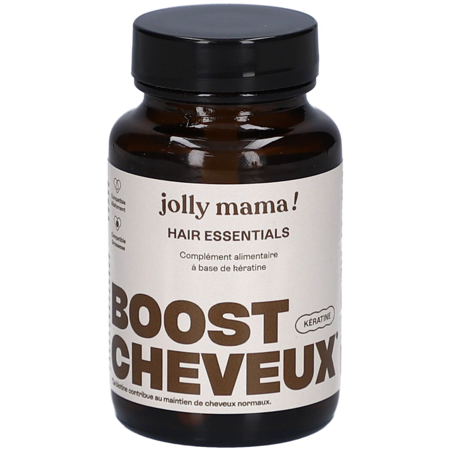 Braune Flasche mit schwarzen Deckel. Aufschrift: Jolly Mama! Hair Essentials. BOOST CHEVEUX.