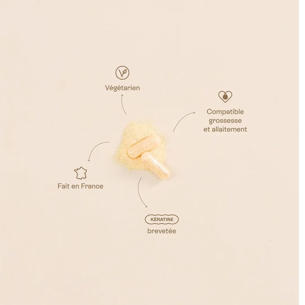 Kapseln mit Text. Text: Vegetarisch, Made in France, Kompatibel Schwangerschaft und Stillzeit.