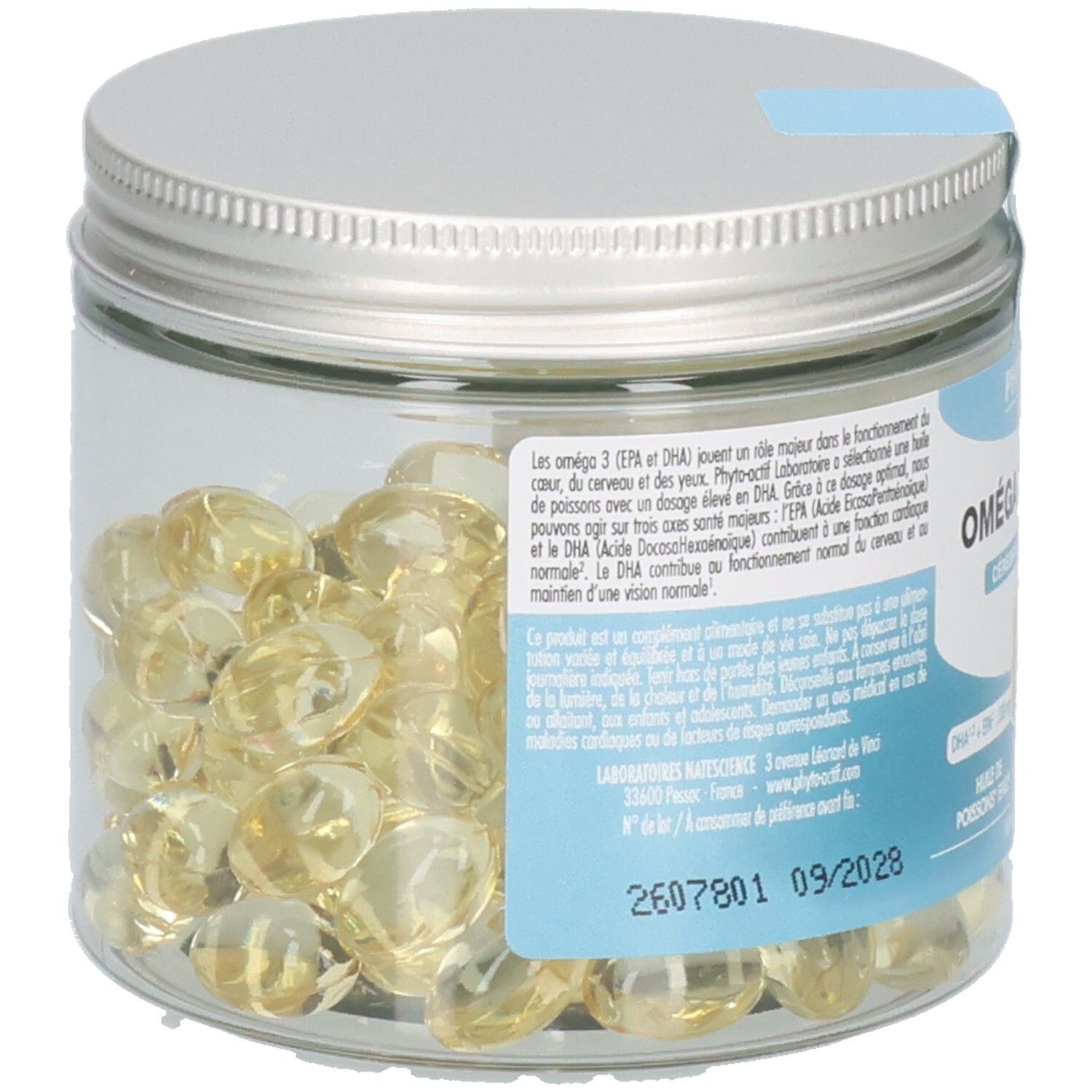 Glasdose mit Kapseln. Aufkleber mit Produktinformationen. Produktname nicht sichtbar. Kapseln in der Dose.