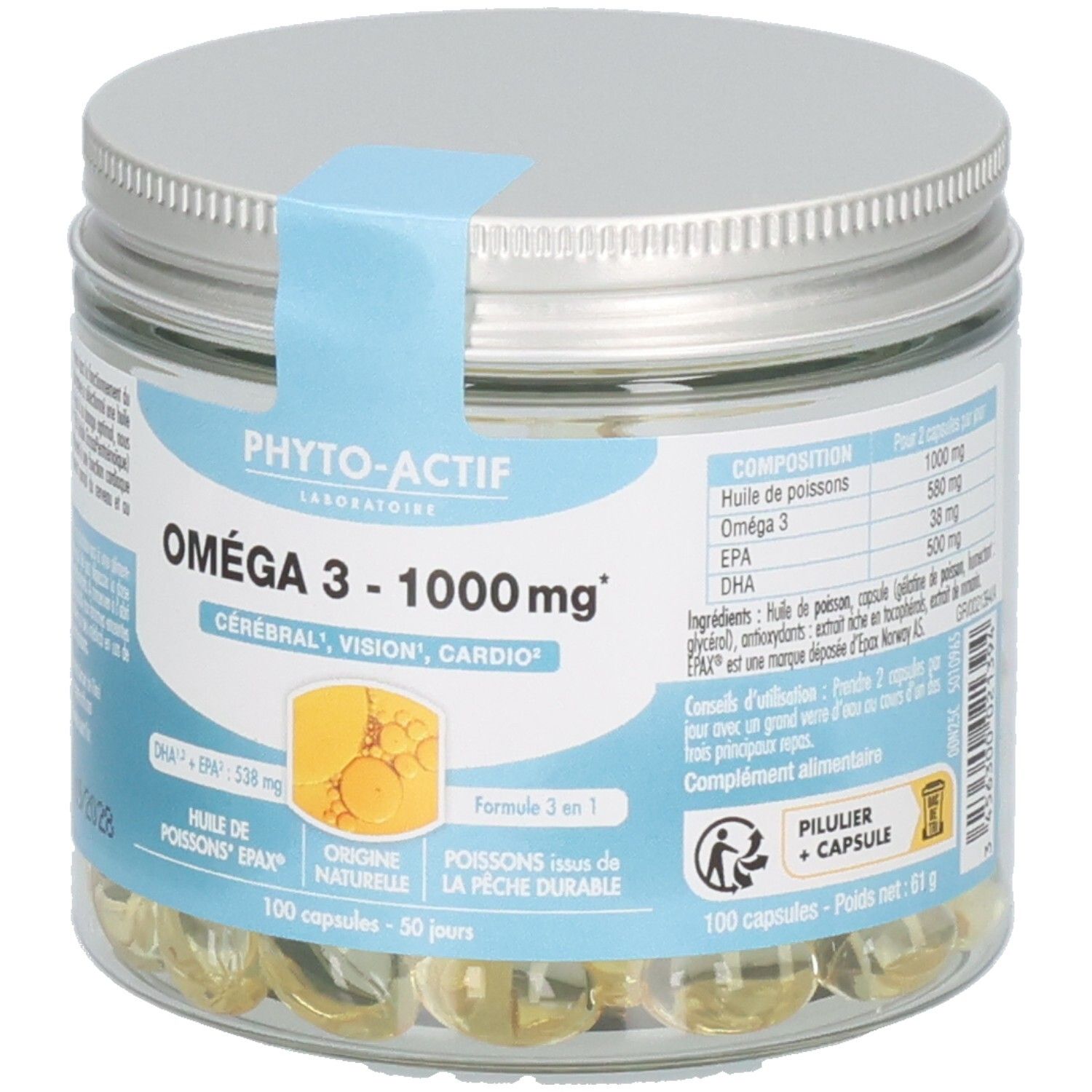 Glasdose mit Kapseln. Aufkleber mit Produktnamen: Oméga 3 - 1000 mg. Marke: Phyto-Actif. Text: Cérébral, Vision, Cardio. 100 Kapseln.
