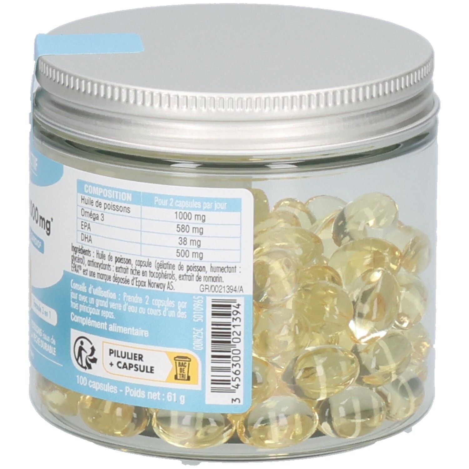 Glasdose mit Kapseln. Aufkleber mit Produktinformationen. Produktname nicht vollständig sichtbar. 100 Kapseln.