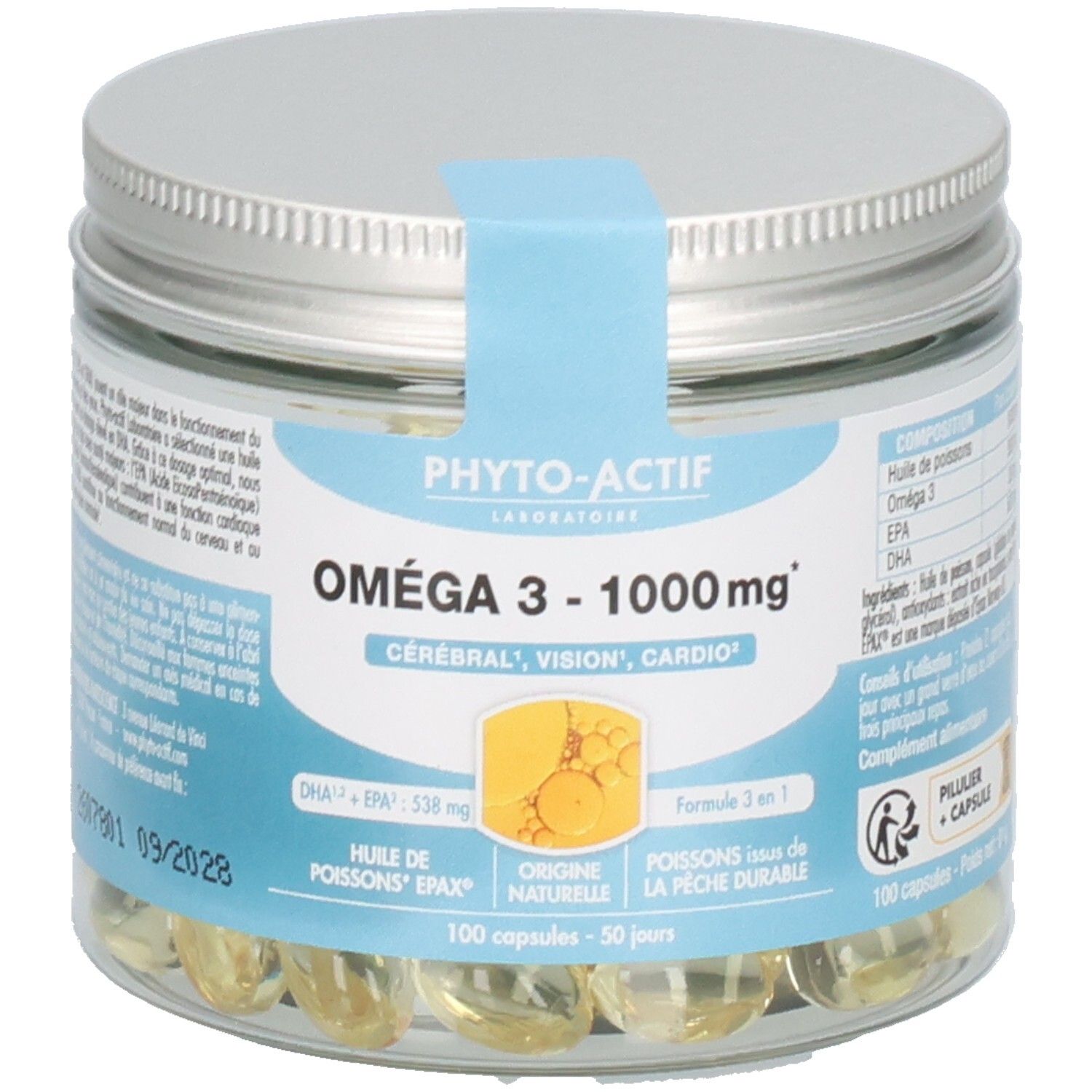 Glasdose mit Kapseln. Aufkleber mit Produktnamen: Oméga 3 - 1000 mg. Marke: Phyto-Actif. Text: Cérébral, Vision, Cardio. 100 Kapseln.