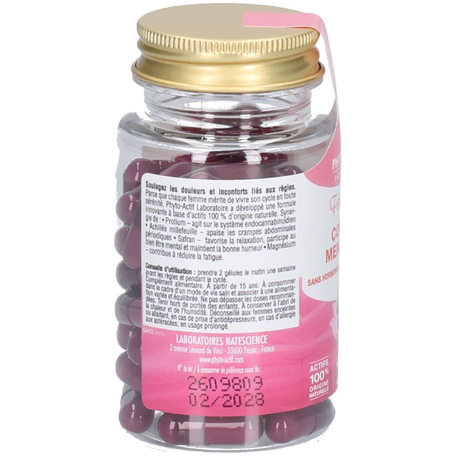 Rückansicht der Flasche mit Text. Rosa Etikett mit Produktinformationen. Goldfarbener Deckel.