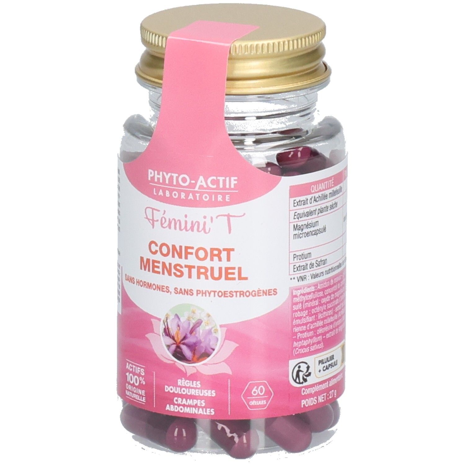 Klare Flasche mit roten Kapseln. Rosa Etikett mit Produktnamen und Logo. Goldfarbener Deckel.