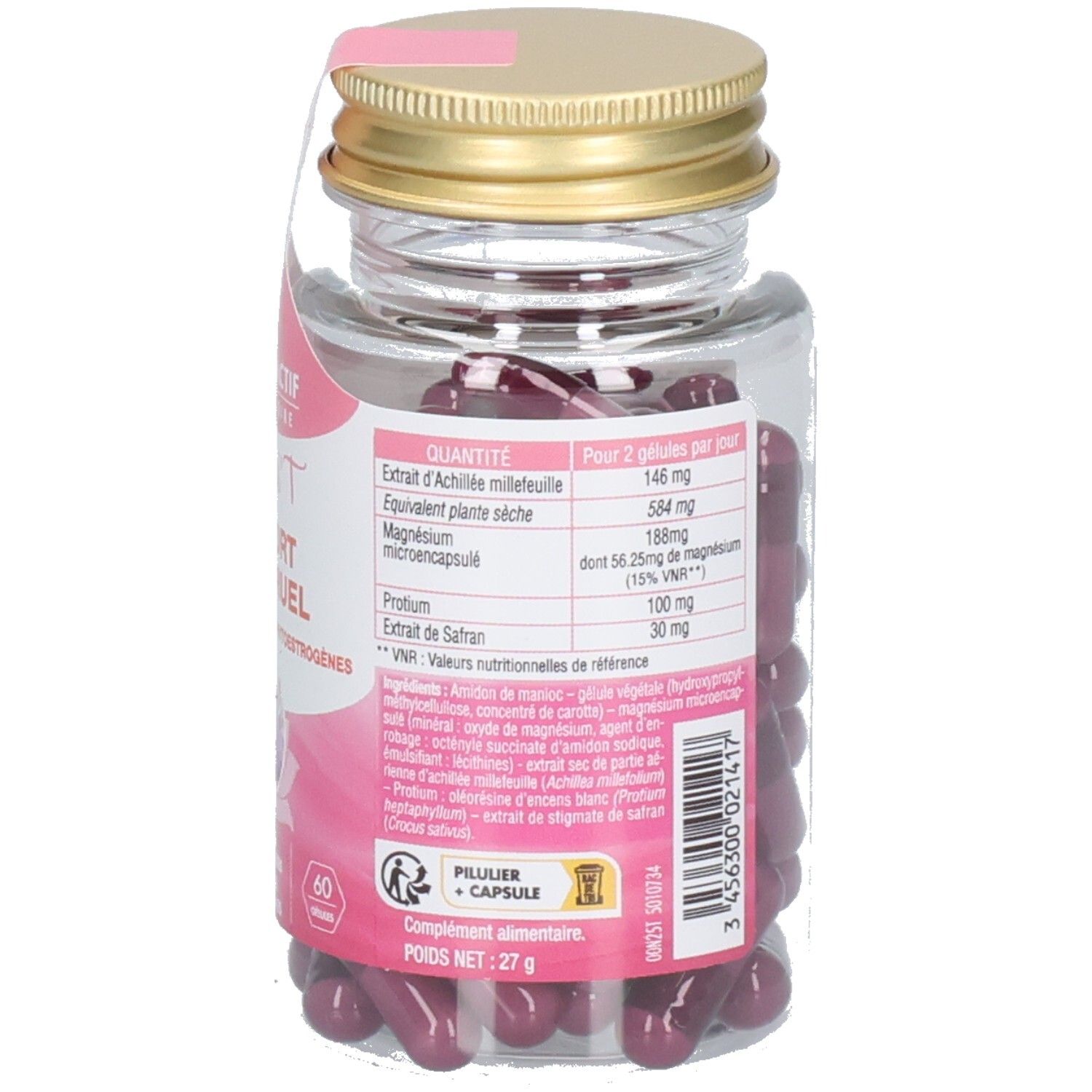 Rückansicht der Flasche mit Text. Rosa Etikett mit Inhaltsangaben. Goldfarbener Deckel.
