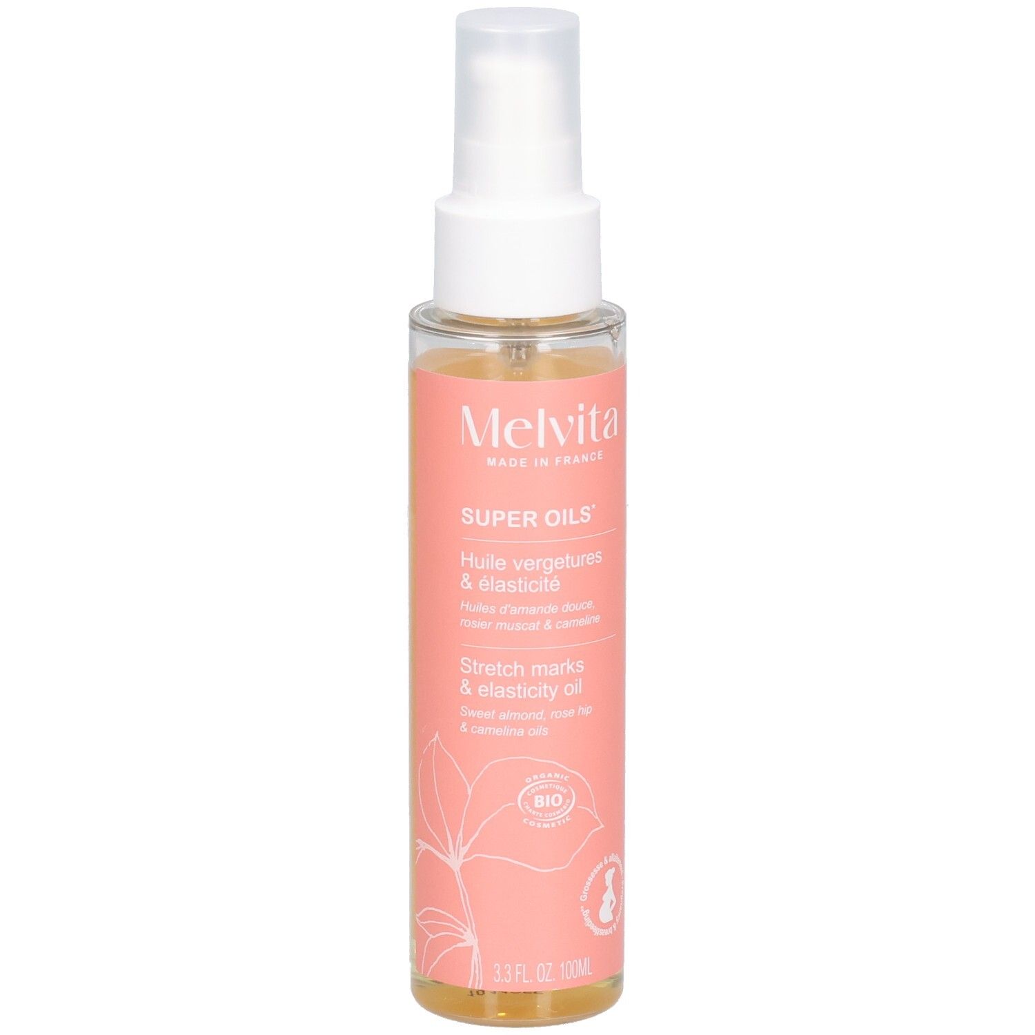 Transparente Flasche mit rosa Etikett. Aufschrift: Melvita, Super Oils, Huile vergetures & elasticité, Stretch marks & elasticity oil. Bio-Zertifizierung.