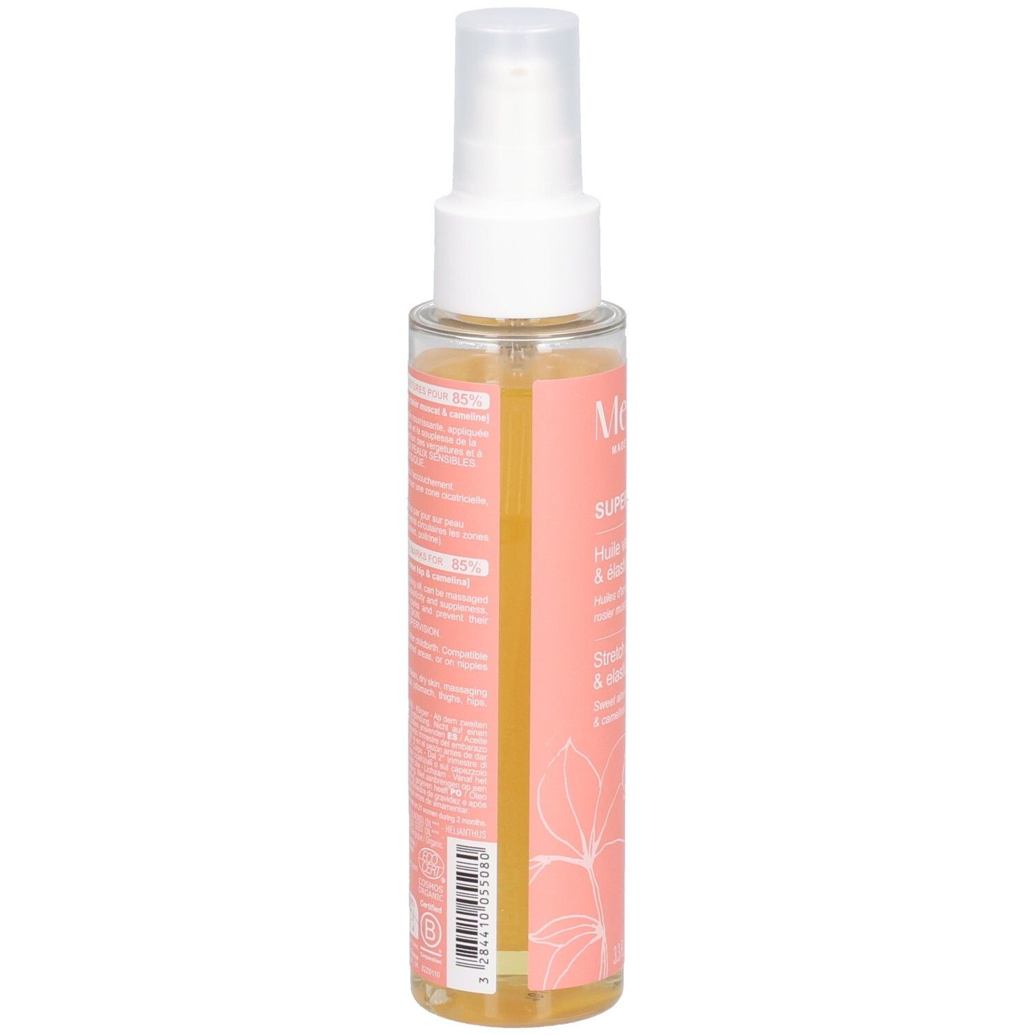 Transparente Flasche mit rosa Etikett. Text auf Französisch. Bio-Zertifizierung. Sprühkopf. Flüssigkeit sichtbar.
