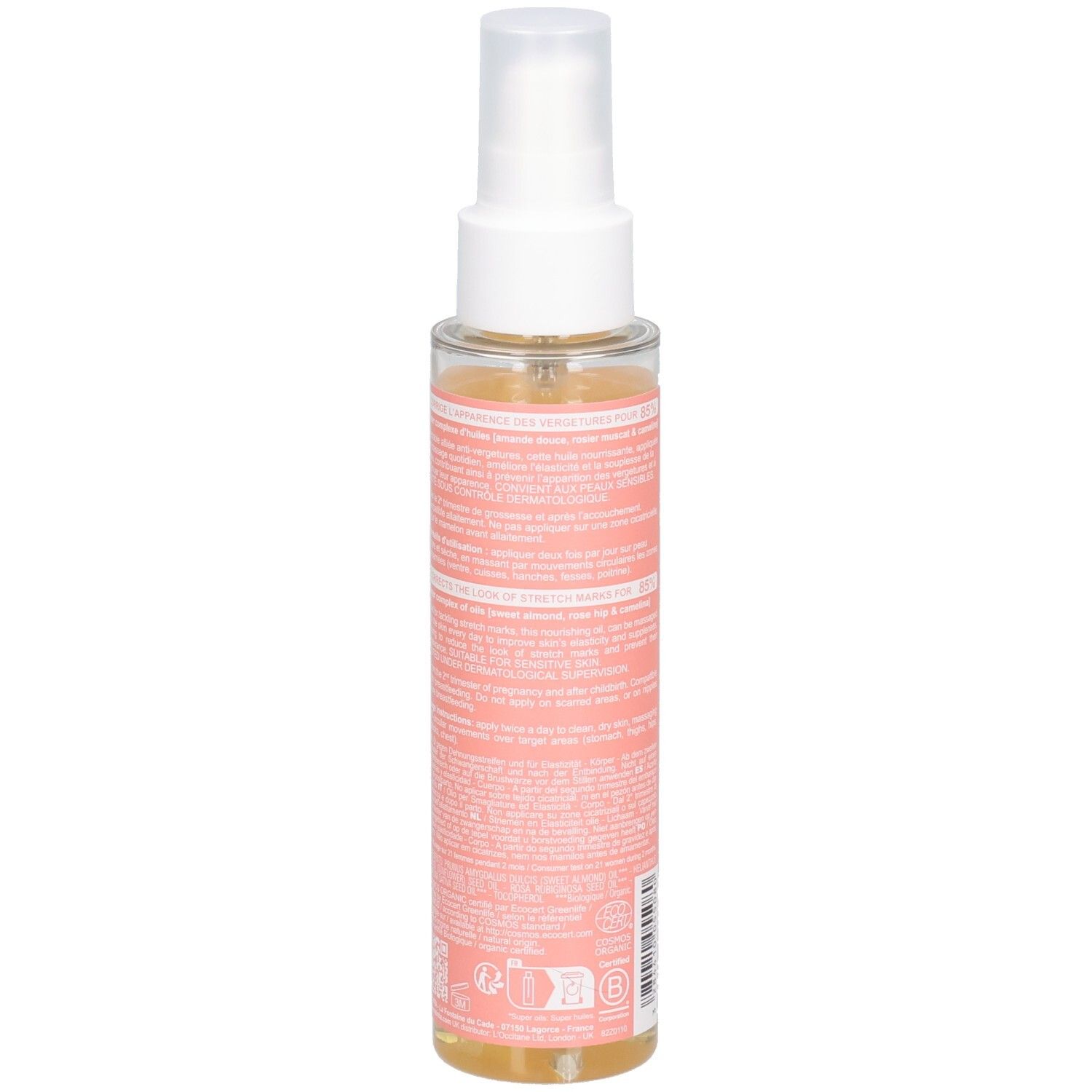 Transparente Flasche mit rosa Etikett. Text auf Französisch. Bio-Zertifizierung. Sprühkopf. Flüssigkeit sichtbar.