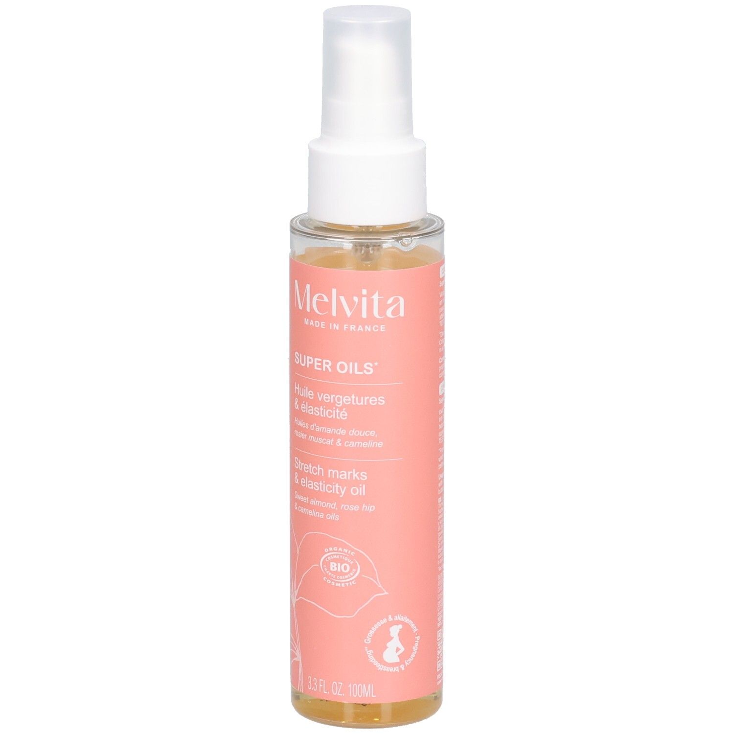 Transparente Flasche mit rosa Etikett. Aufschrift: Melvita, Super Oils, Huile vergetures & elasticité, Stretch marks & elasticity oil. Bio-Zertifizierung.