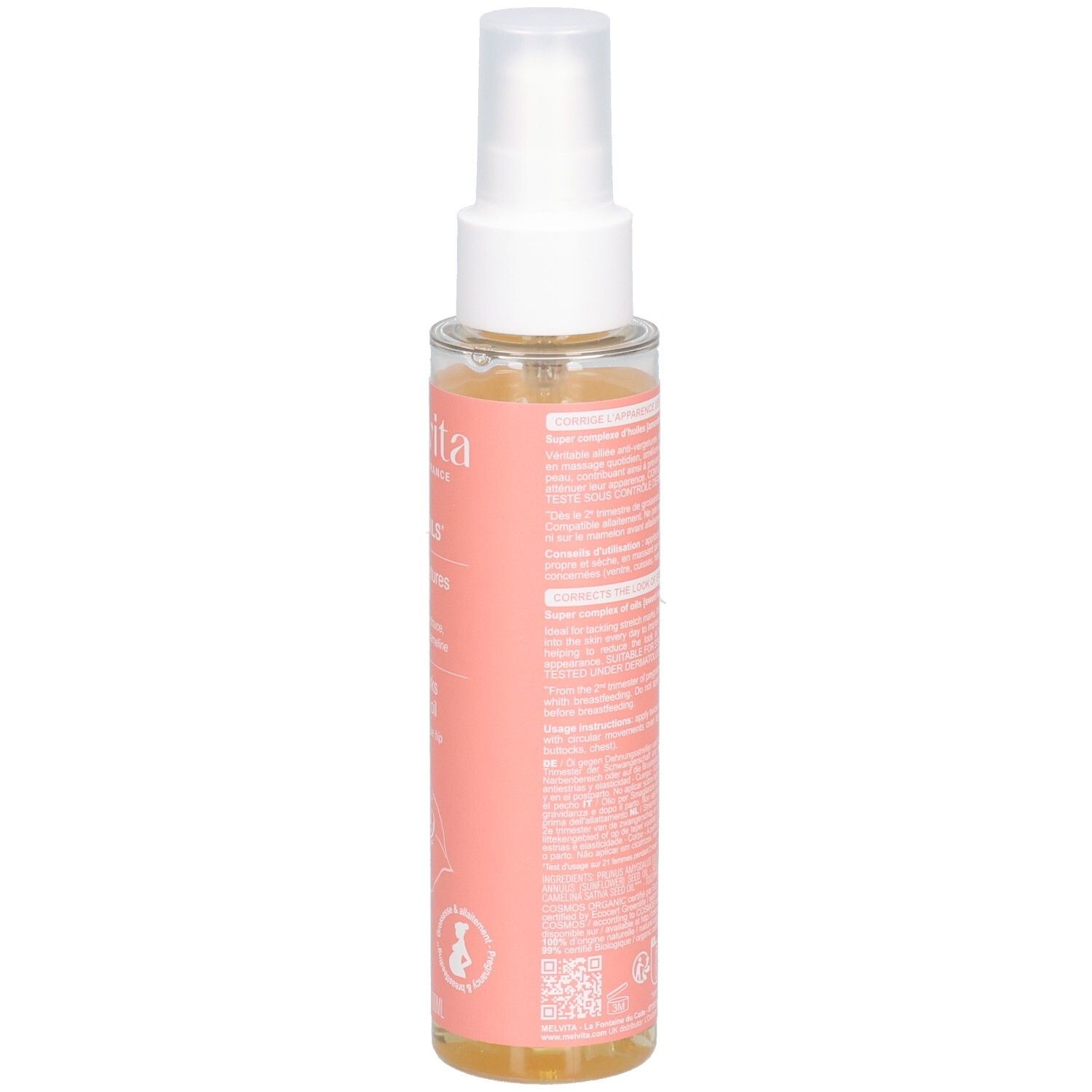 Transparente Flasche mit rosa Etikett. Text auf Französisch. Bio-Zertifizierung. Sprühkopf. Flüssigkeit sichtbar.