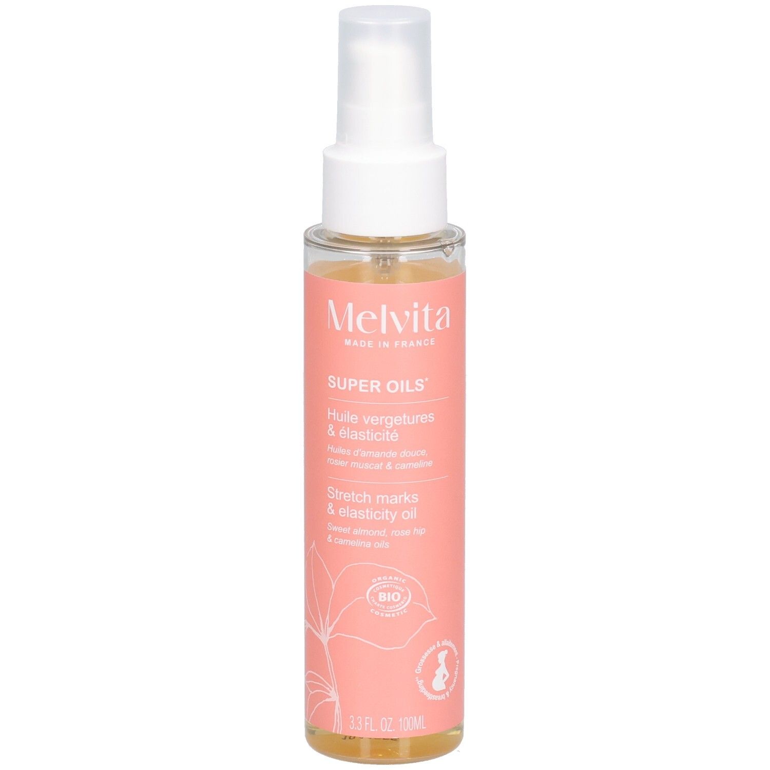 Transparente Flasche mit rosa Etikett. Aufschrift: Melvita, Super Oils, Huile vergetures & elasticité, Stretch marks & elasticity oil. Bio-Zertifizierung.