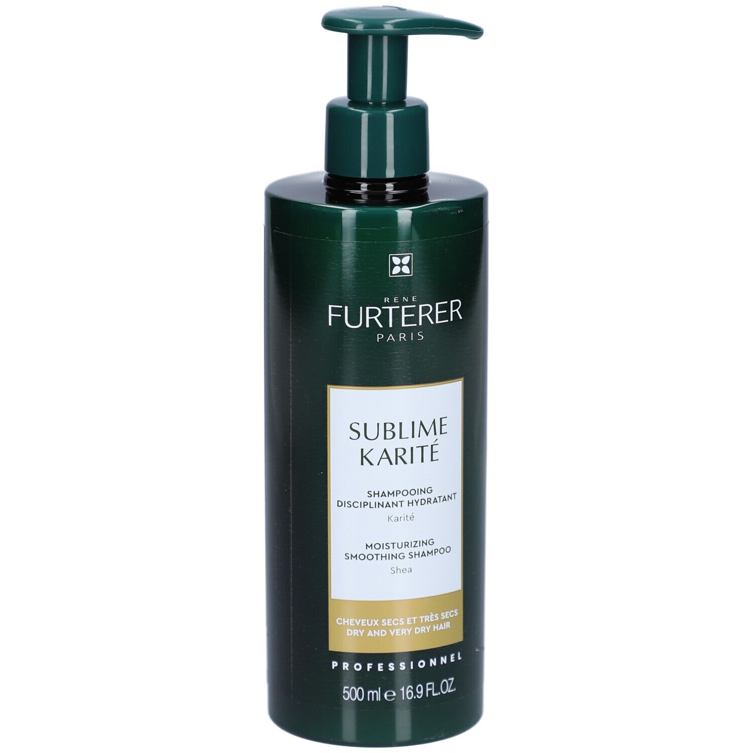 Flacon vert avec pompe. Inscription: FURTERER PARIS, SUBLIME KARITÉ, Shampooing disciplinant hydratant, 500ml.
