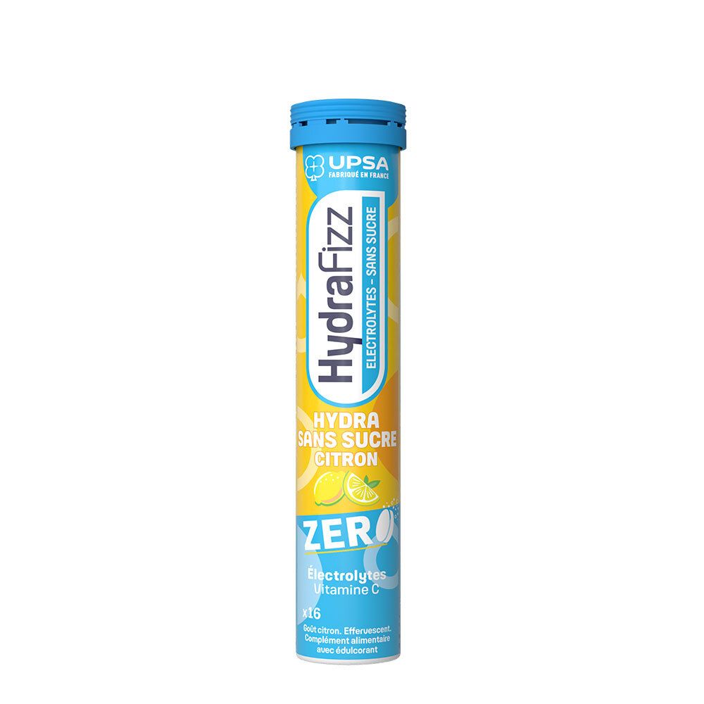 Röhrchen mit 15 Brausetabletten, Hydrafizz, zuckerfrei, Zitrone, Elektrolyte, Vitamin C.