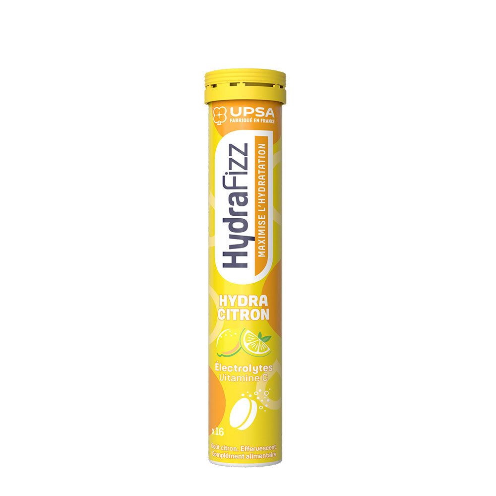 UPSA HydraFizz Hydra Citron Brausetabletten-Tube mit Zitronen- und Limettendesign.