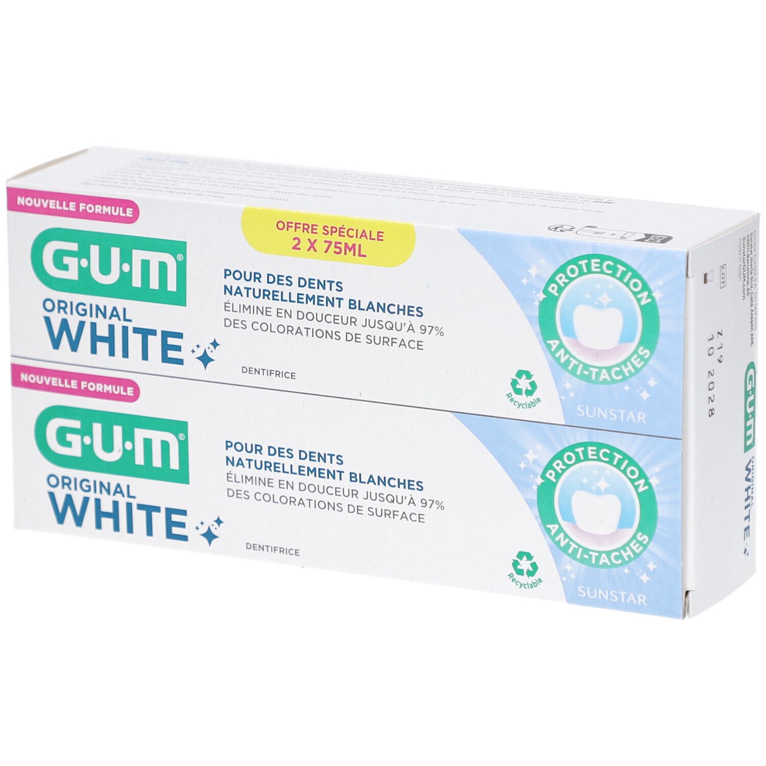 Zahnpasta-Packung, 2 Tuben. G.U.M Original White, weiße Verpackung mit blauen Akzenten. Text: Pour des dents naturellement blanches.