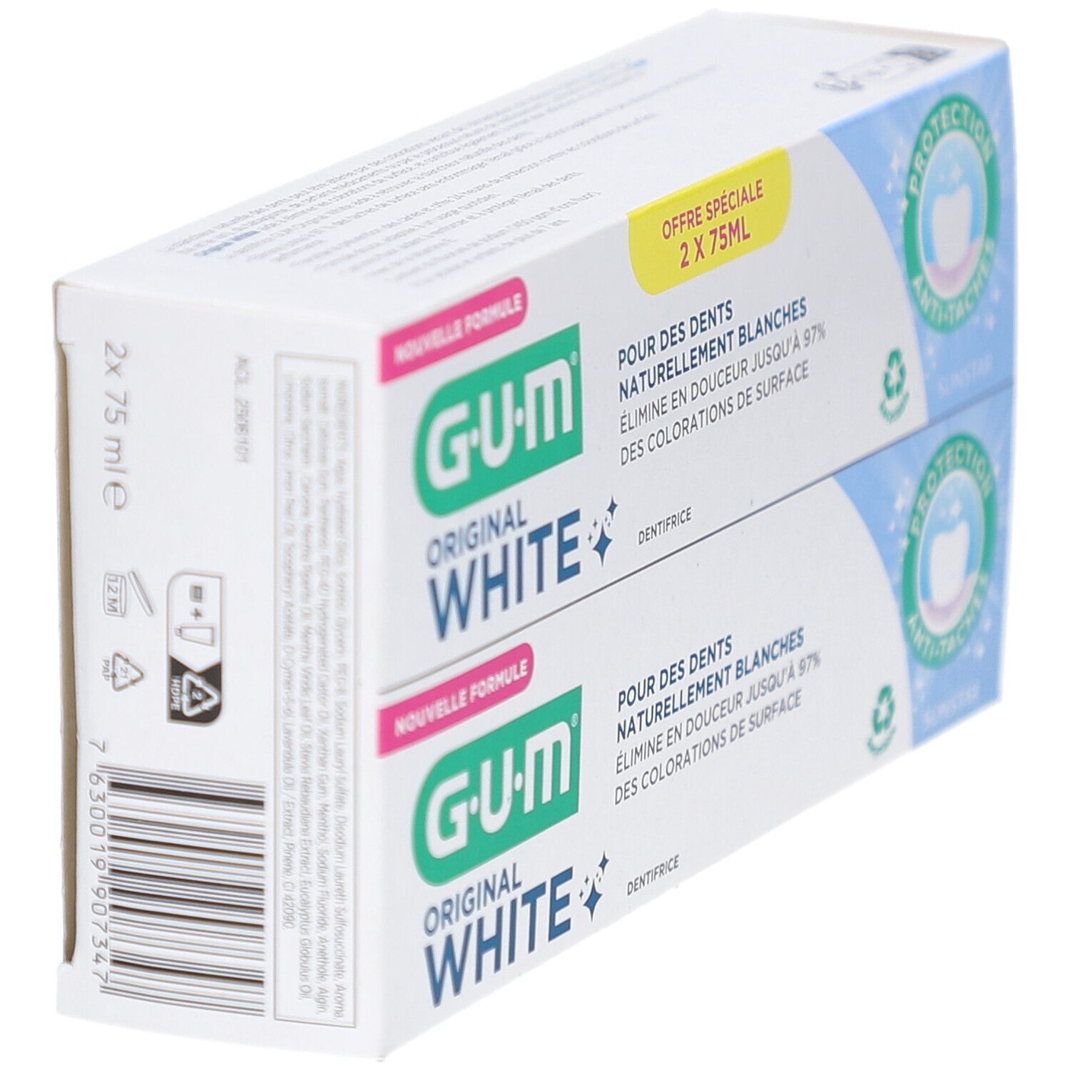 Zahnpasta-Packung, schräg. G.U.M Original White, weiße Verpackung mit blauen Akzenten. Text: Pour des dents naturellement blanches.