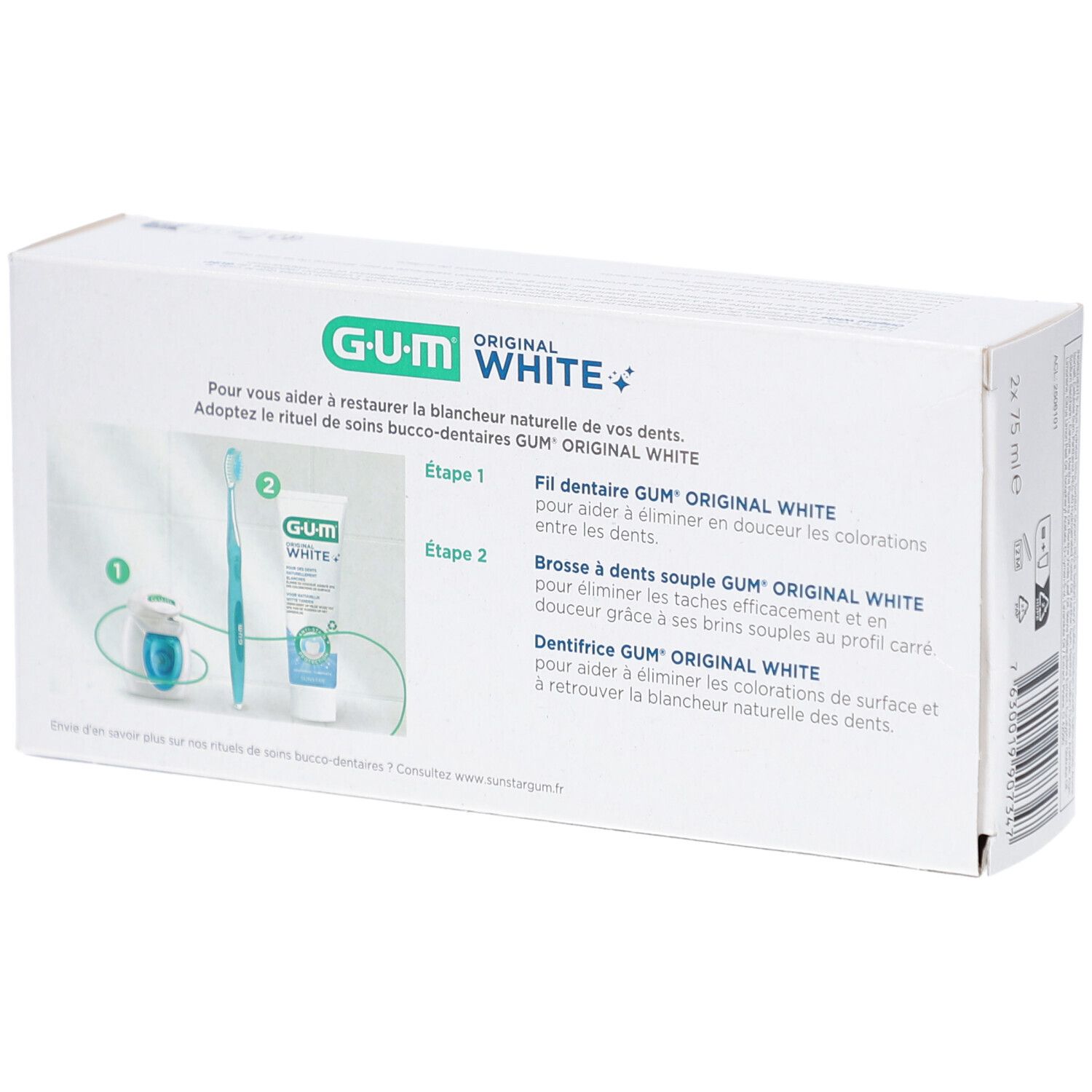 Rückseite der Zahnpasta-Packung. G.U.M Original White. Abbildung von Zahnbürste, Zahnseide und Zahnpasta-Tube.