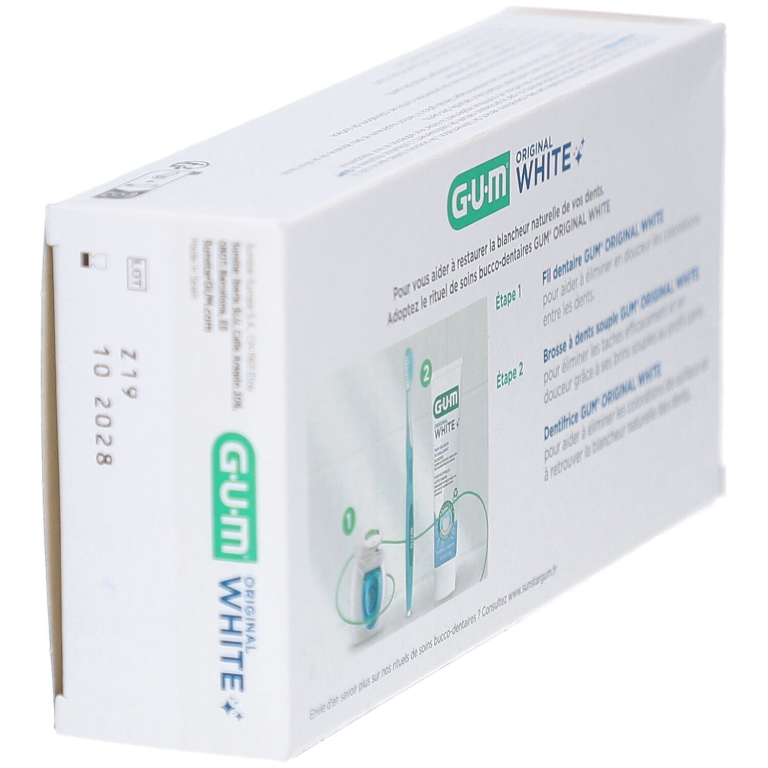 Rückseite der Zahnpasta-Packung, schräg. G.U.M Original White. Abbildung von Zahnbürste, Zahnseide und Zahnpasta-Tube.