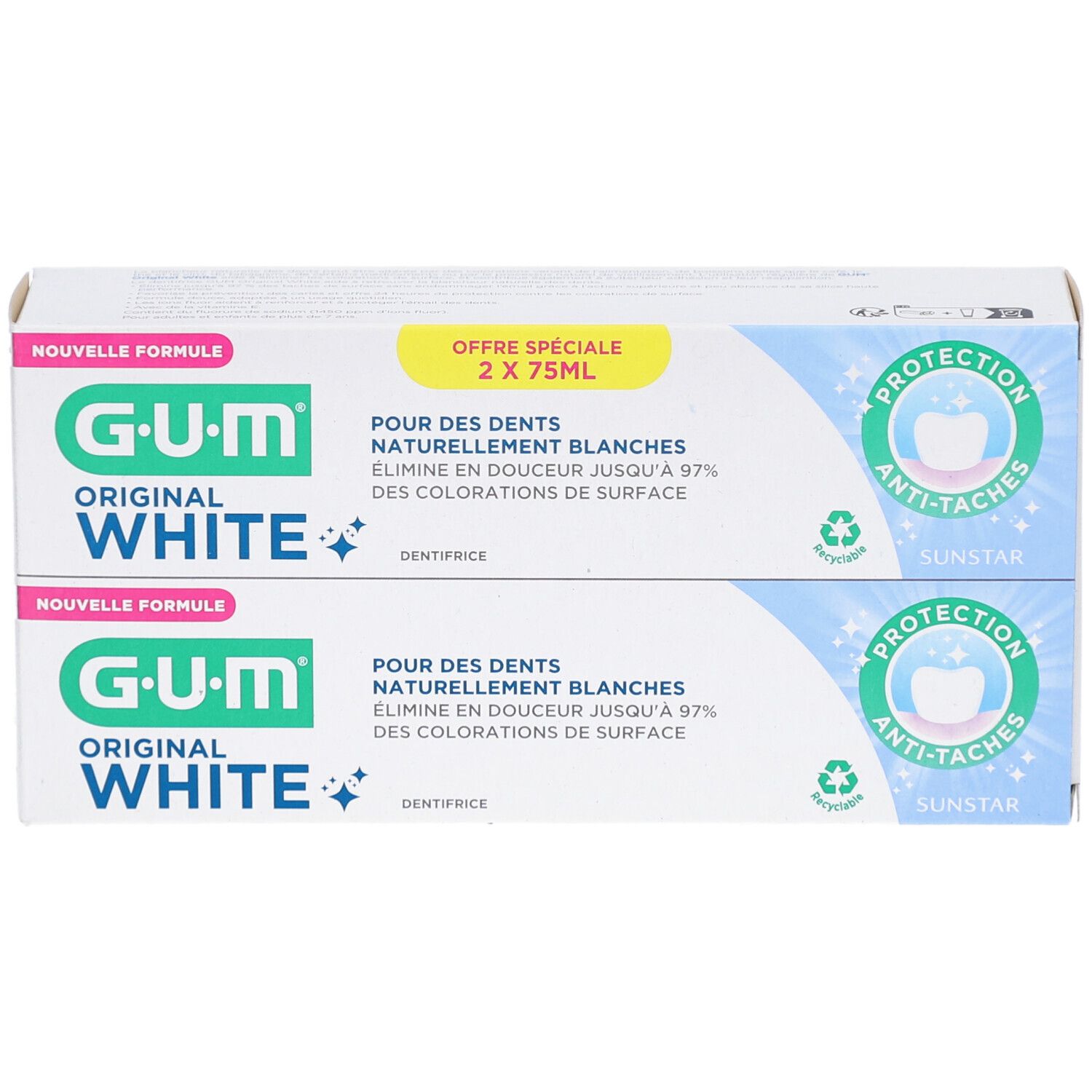 Zahnpasta-Packung, 2 Tuben. G.U.M Original White, weiße Verpackung mit blauen Akzenten. Text: Pour des dents naturellement blanches.