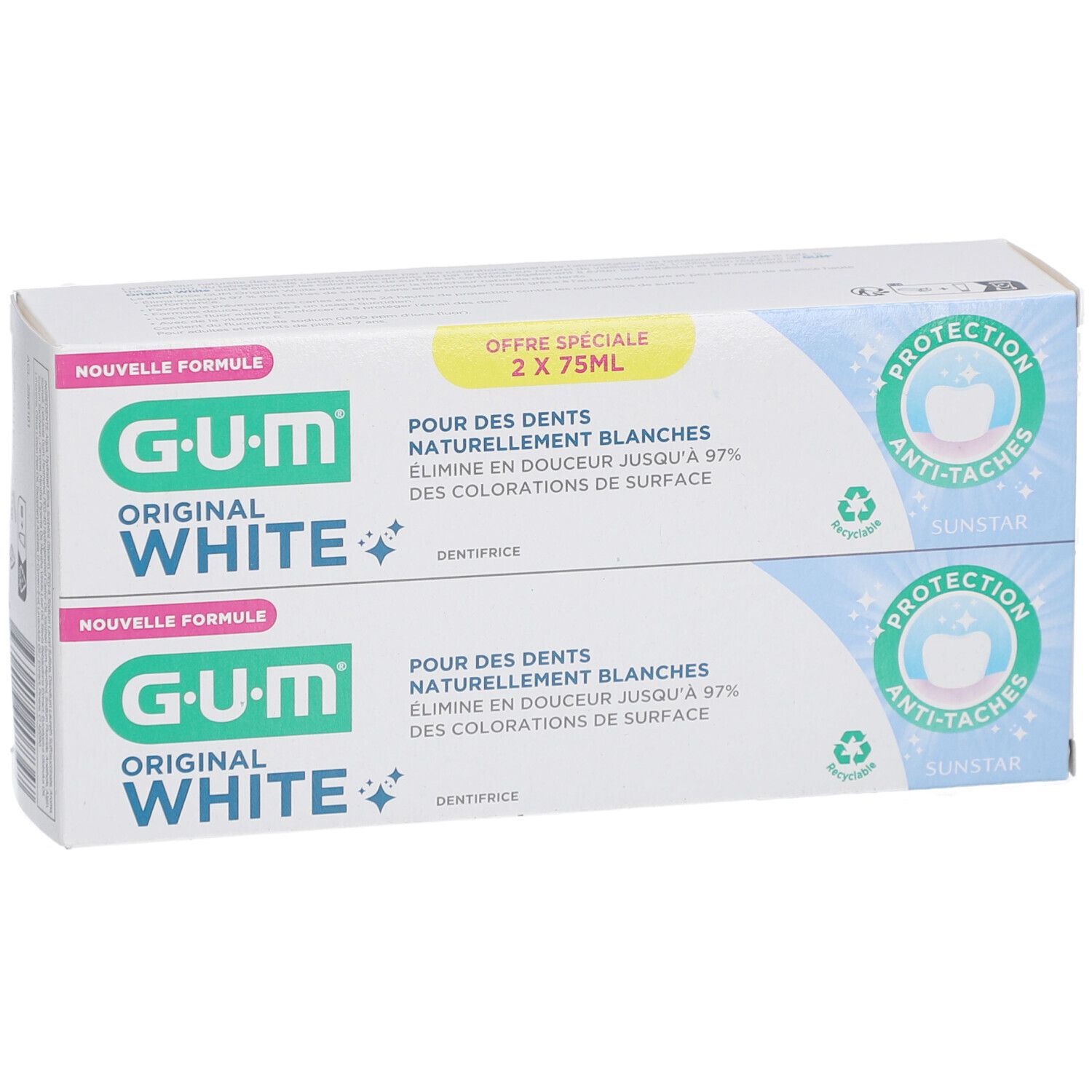Zahnpasta-Packung, 2 Tuben. G.U.M Original White, weiße Verpackung mit blauen Akzenten. Text: Pour des dents naturellement blanches.