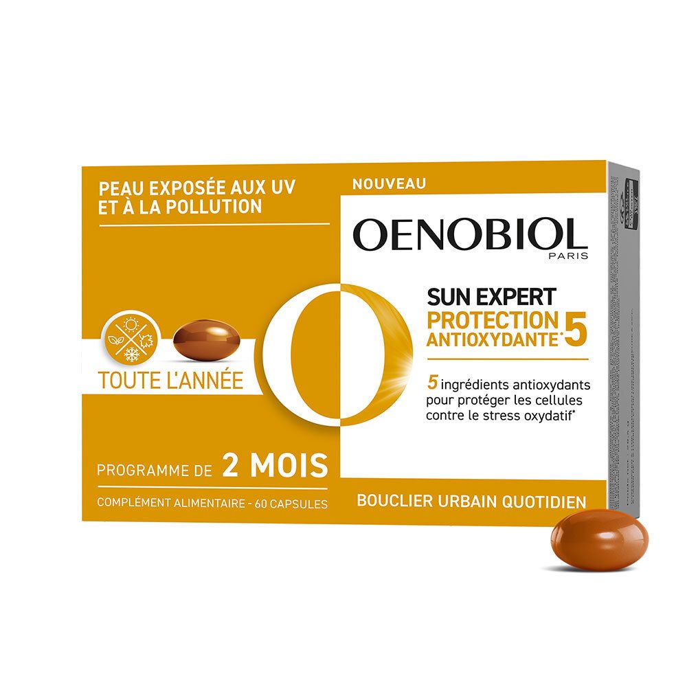 OENOBIOL Sun Expert Protection Antioxydante 5. Braune Kapsel und Verpackung. 60 Kapseln. Für UV-Schutz und gegen Umweltverschmutzung.