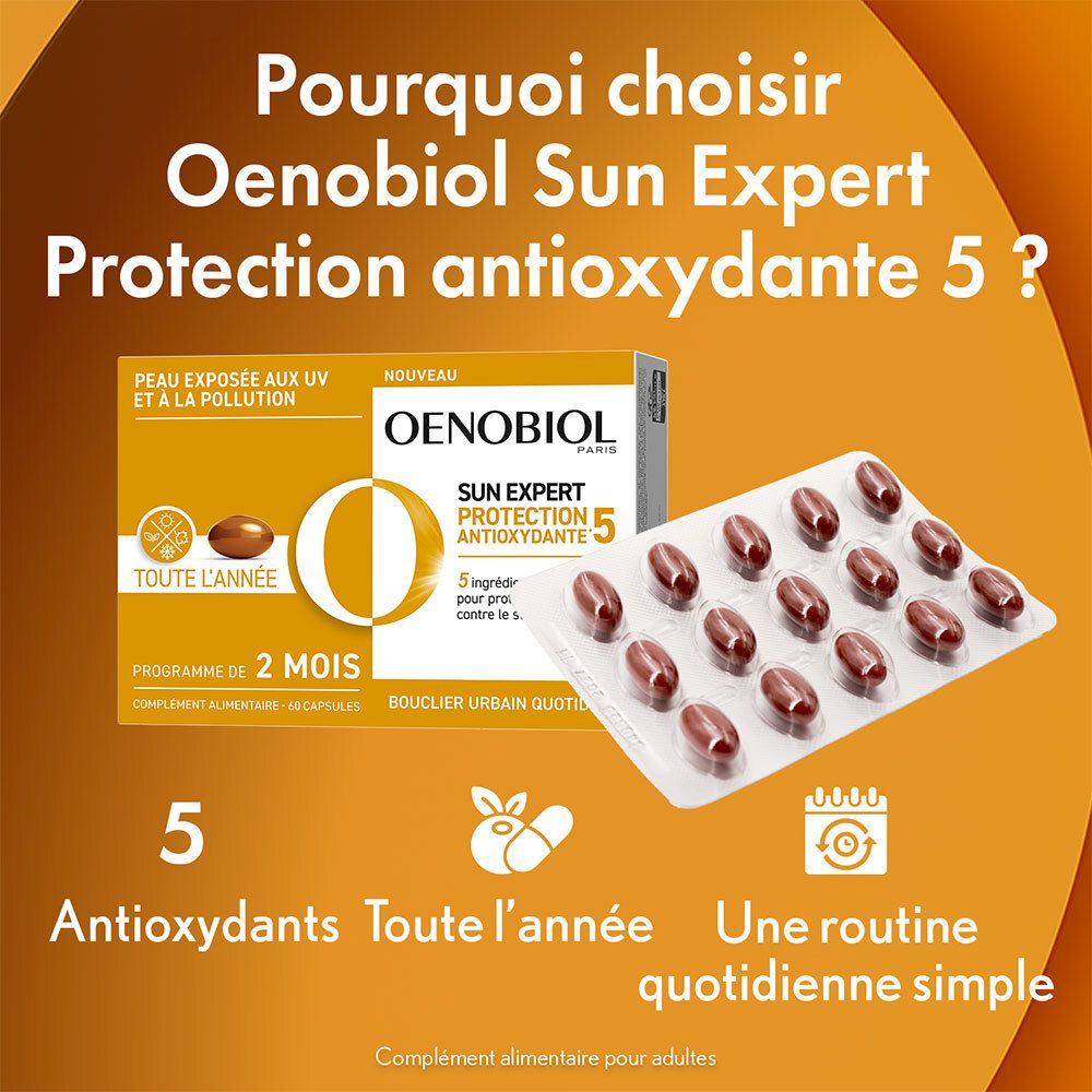 OENOBIOL Sun Expert Protection Antioxydante 5. Packshot mit Kapseln und Verpackung. 5 Antioxidantien. 2-Monats-Programm. Täglich.