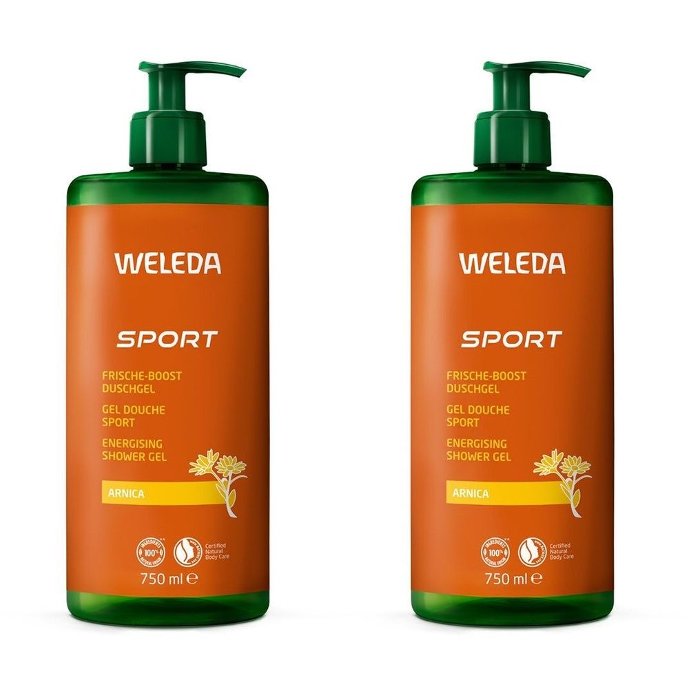 Deux flacons de gel douche WELEDA Sport. Flacons orange avec bouchon et pompe verts. Texte : Sport, Arnica, 750 ml.