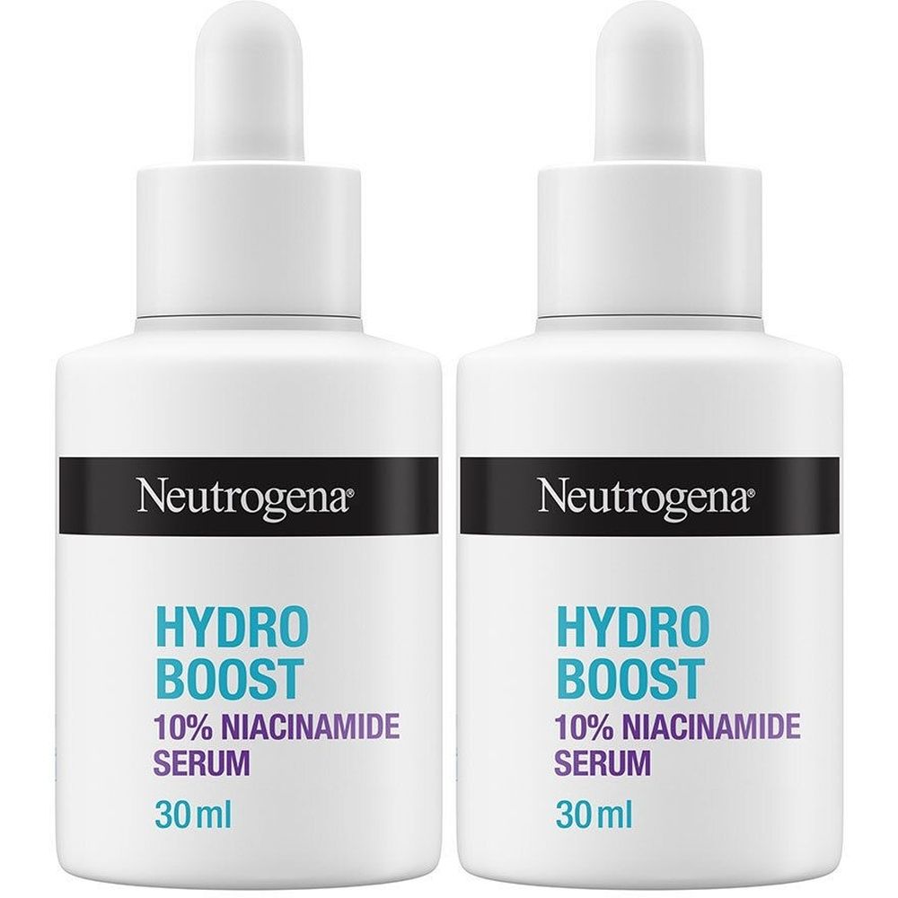 Zwei weiße Flaschen mit Pipettenaufsatz. Auf jeder Flasche steht "Neutrogena", "Hydro Boost 10% Niacinamide Serum" und "30 ml".