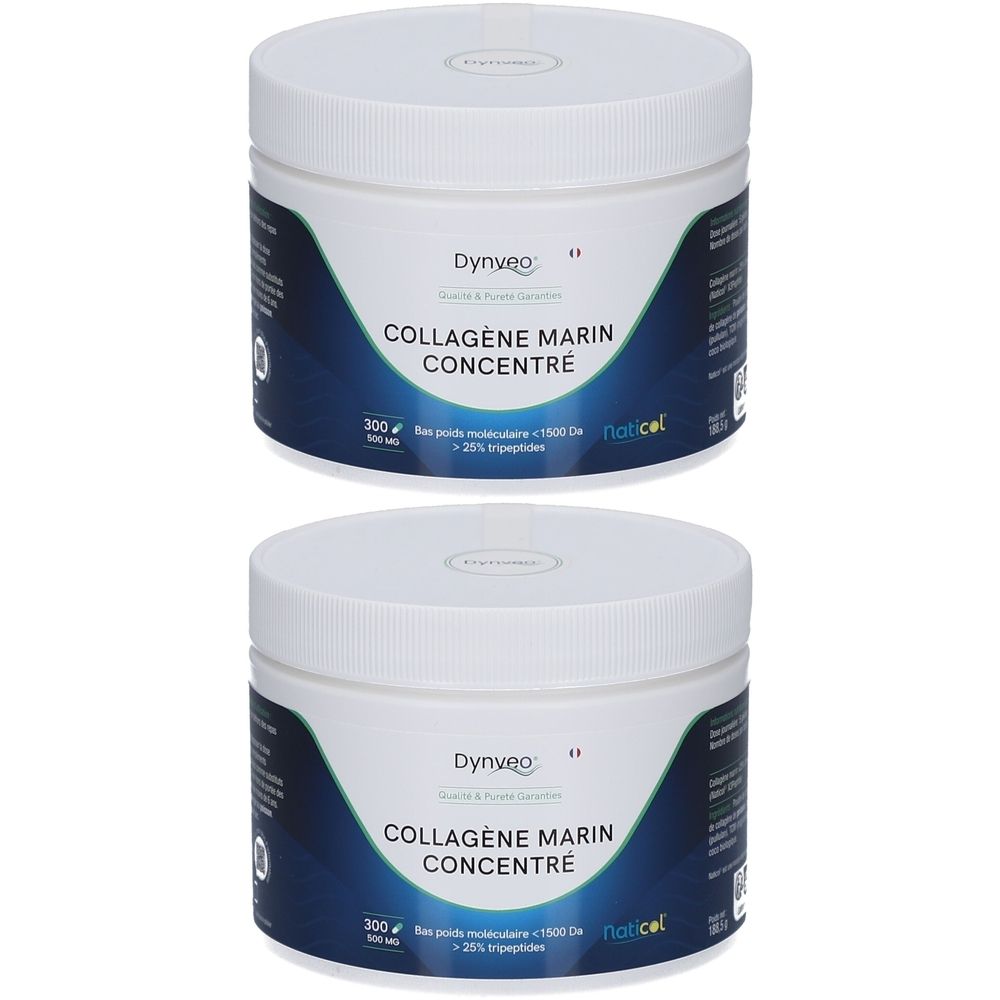 Zwei weiße Dosen mit Deckel. Aufschrift: COLLAGÈNE MARIN CONCENTRÉ. Marke: Dynveo. Blaue und weiße Etiketten.
