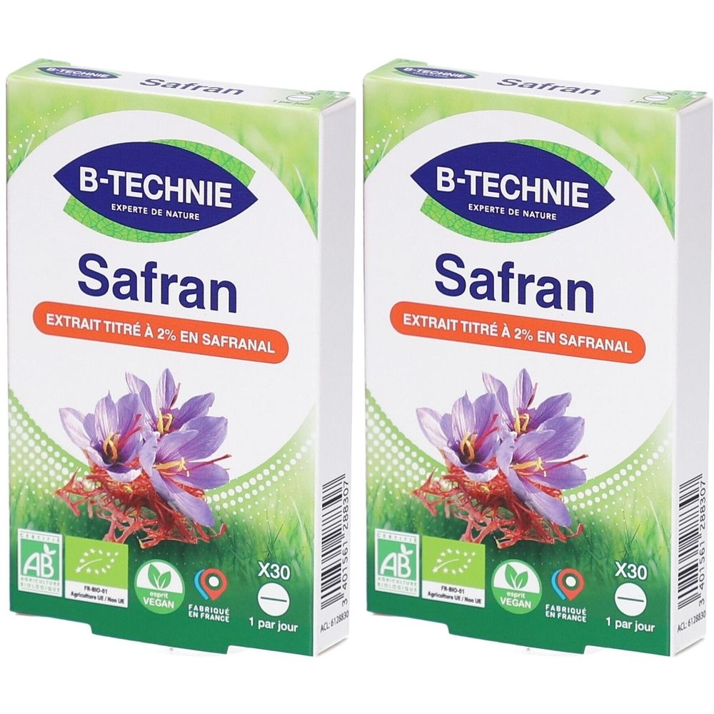 Zwei Schachteln B-TECHNIE Safran. Aufdruck Safran, Extrakt mit 2% Safran. Abgebildet sind Safranblüten. Mit AB- und Vegan-Siegel.