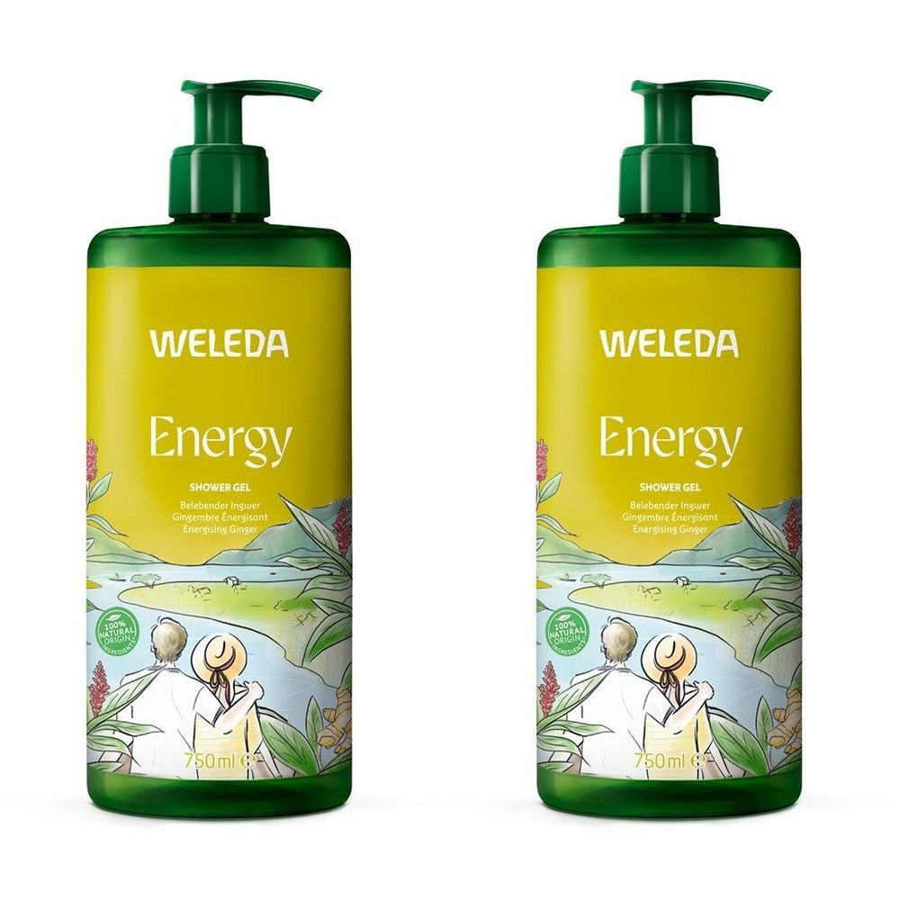 Deux flacons verts avec étiquette jaune. Inscription: WELEDA Energy. Avec pompe. Illustration de paysage et de personnes.