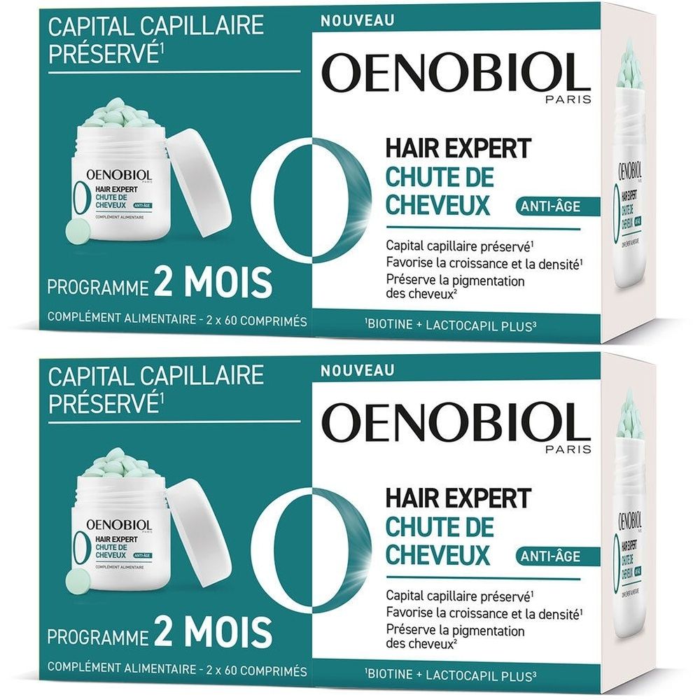 Zwei Packungen Oenobiol Hair Expert. Aufschrift: Chute de Cheveux Anti-Âge. Enthält 2 x 60 Tabletten. Mit Biotin und Lactocapil Plus.