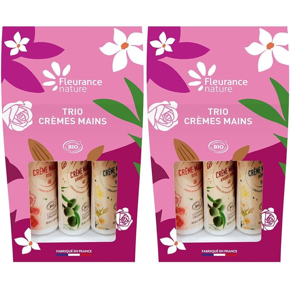 Verpackung mit Trio Crèmes Mains. Rosa Hintergrund mit Blumen und Blättern. Text: Fleurance nature, Trio Crèmes Mains, Bio.