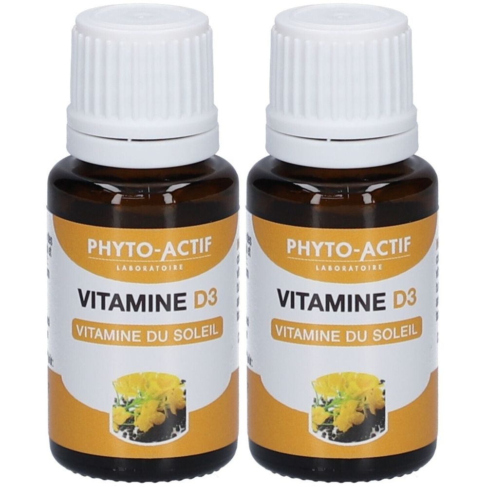 Deux flacons en verre brun avec des bouchons blancs. Les étiquettes indiquent "PHYTO-ACTIF Vitamine D3".