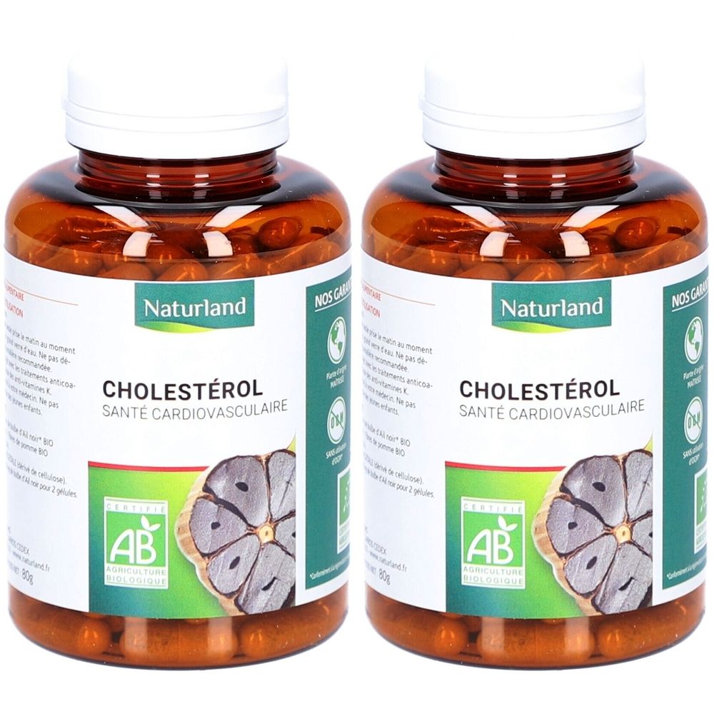 Deux flacons bruns avec bouchons blancs. Étiquettes avec "Cholestérol Santé Cardiovasculaire" et logo Naturland.