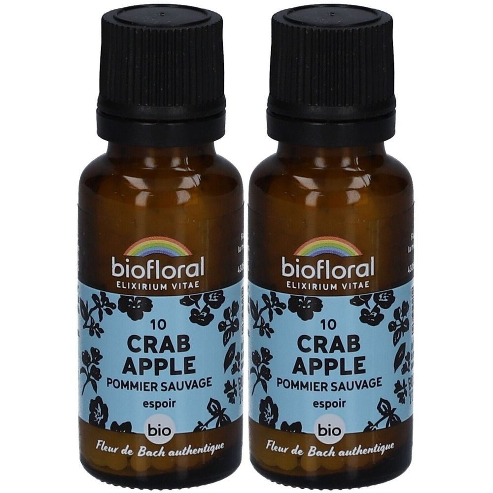 Zwei braune Glasflaschen mit schwarzen Deckeln. Etiketten mit Text: BIOFLORAL, CRAB APPLE, POMMIER SAUVAGE, BIO. Fleur de Bach authentique.